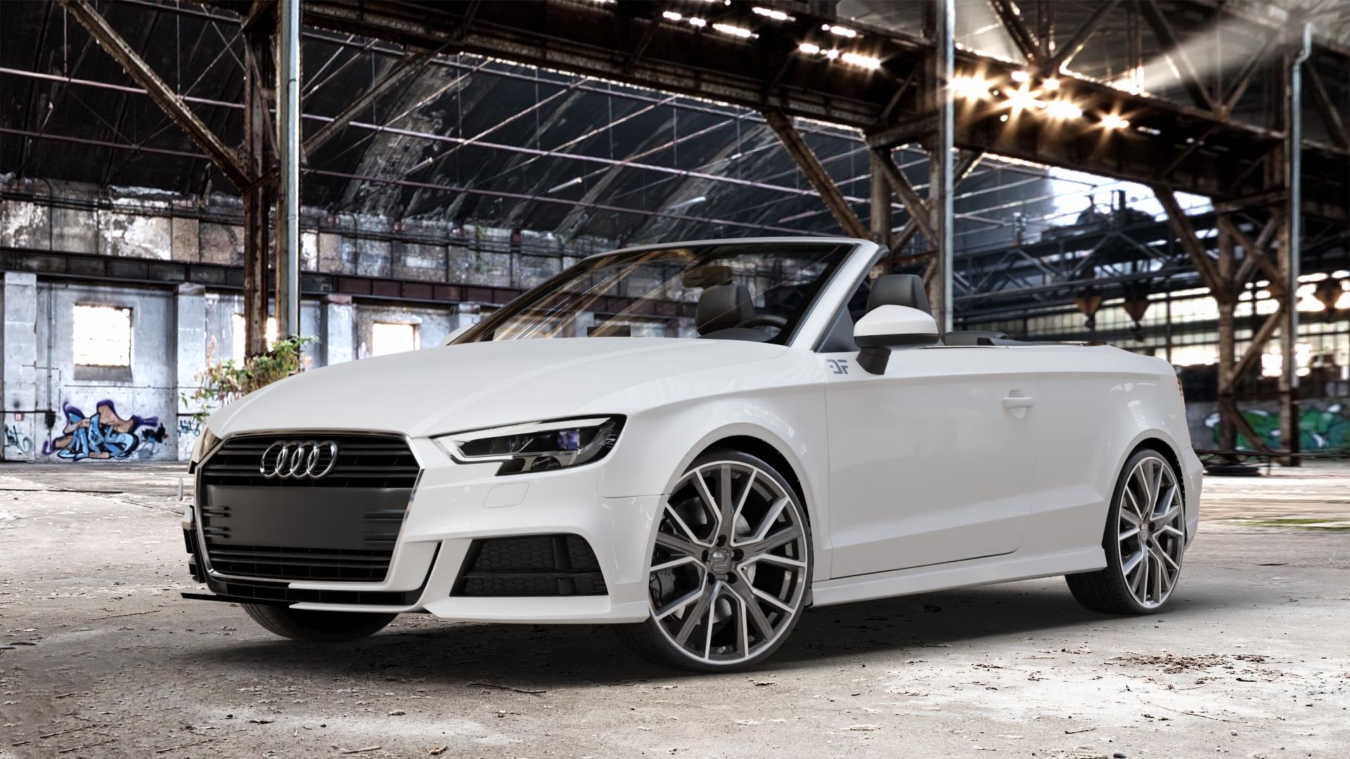 2DRV WH34 Dark Gunmetal Hochglanzpoliert Felge mit Reifen grau in 20Zoll Winterfelge Alufelge auf weissem Audi A3 Typ 8V (Cabriolet) Facelift ⬇️ mit 15mm Tieferlegung ⬇️ Old Industrial Hall_max_4400mm_2024 Frontansicht_1