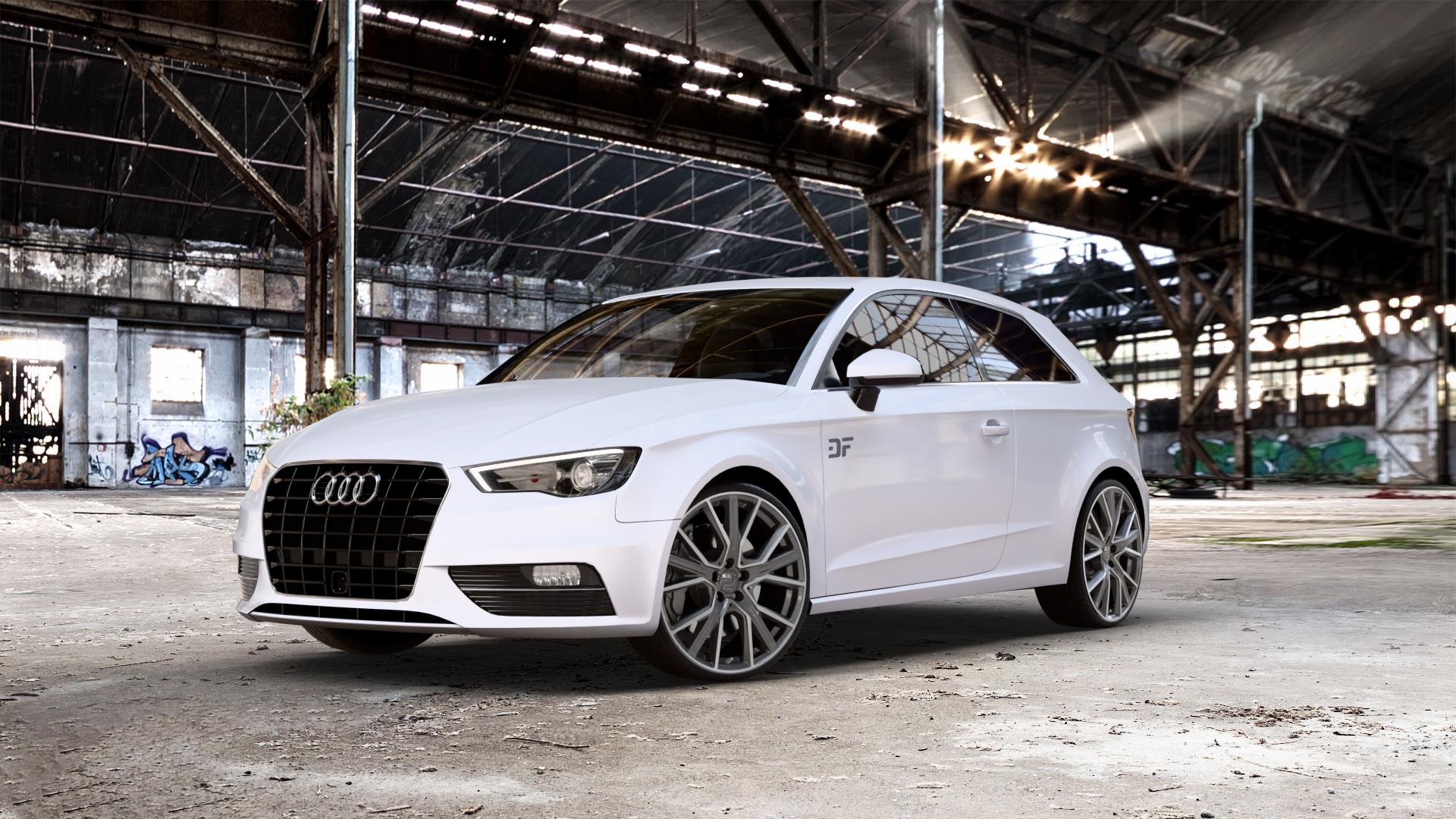 2DRV WH34 Dark Gunmetal Hochglanzpoliert Felge mit Reifen grau in 20Zoll Winterfelge Alufelge auf weissem Audi A3 Typ 8V ⬇️ mit 15mm Tieferlegung ⬇️ Old Industrial Hall_max_5300mm_2024 Frontansicht_1