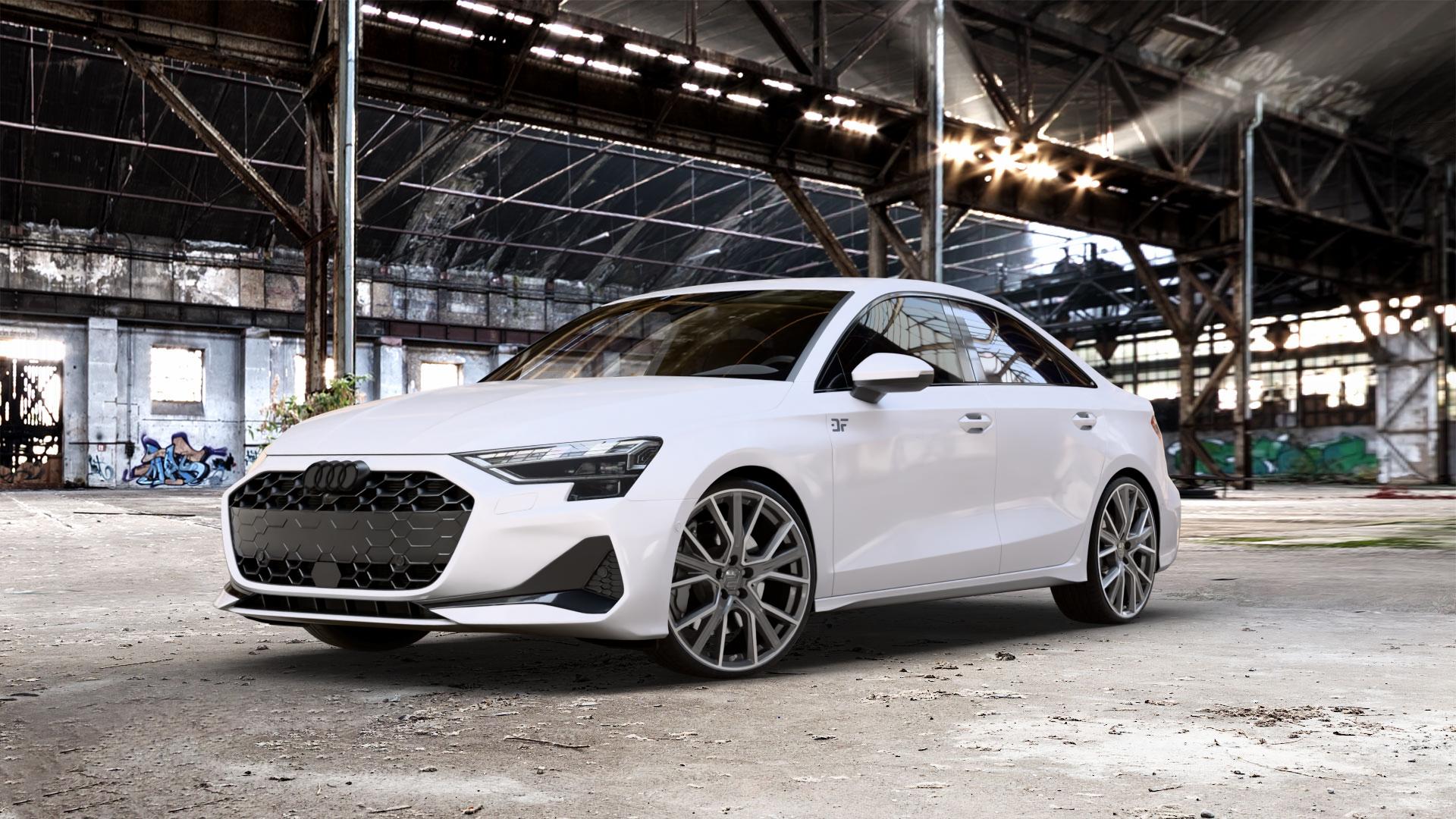 2DRV WH34 Dark Gunmetal Hochglanzpoliert Felge mit Reifen grau in 20Zoll Winterfelge Alufelge auf weissem Audi A3 Typ GY (Limousine) Facelift 1,5l 30 TFSI 85kW (116 PS) Mild-Hybrid 35 110kW (150 2,0l TDI ⬇️ mit 15mm Tieferlegung ⬇️ Old Industrial Hall_max_5300mm_2024 Frontansicht_1