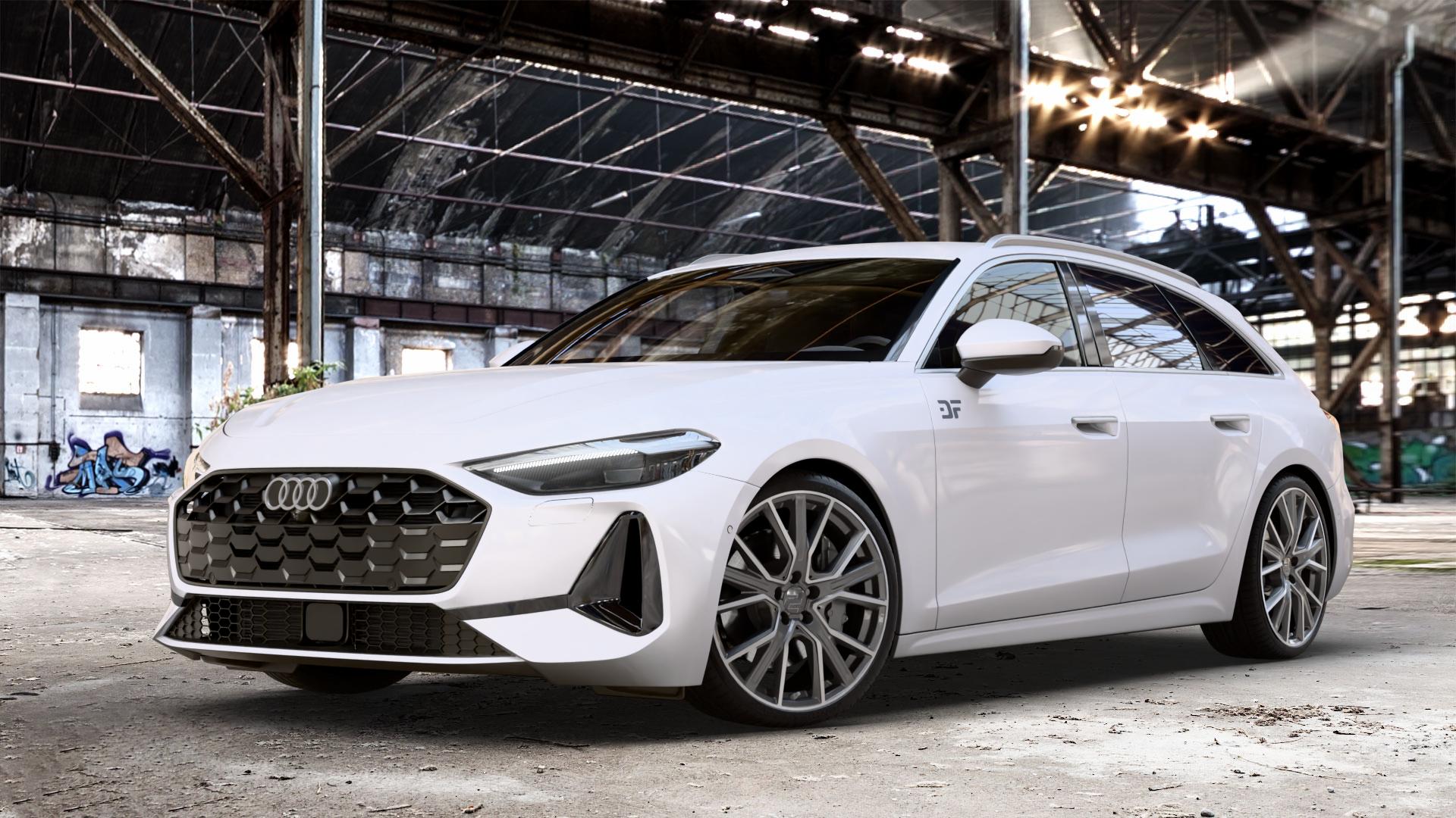 2DRV WH34 Dark Gunmetal Hochglanzpoliert Felge mit Reifen grau in 20Zoll Winterfelge Alufelge auf weissem Audi A5 Typ B10 (Avant) 2,0l TDI 150kW Mild-Hybrid (204 PS) quattro TSI 110kW (150 ⬇️ mit 15mm Tieferlegung ⬇️ Old Industrial Hall_max_4400mm_2024 Frontansicht_1