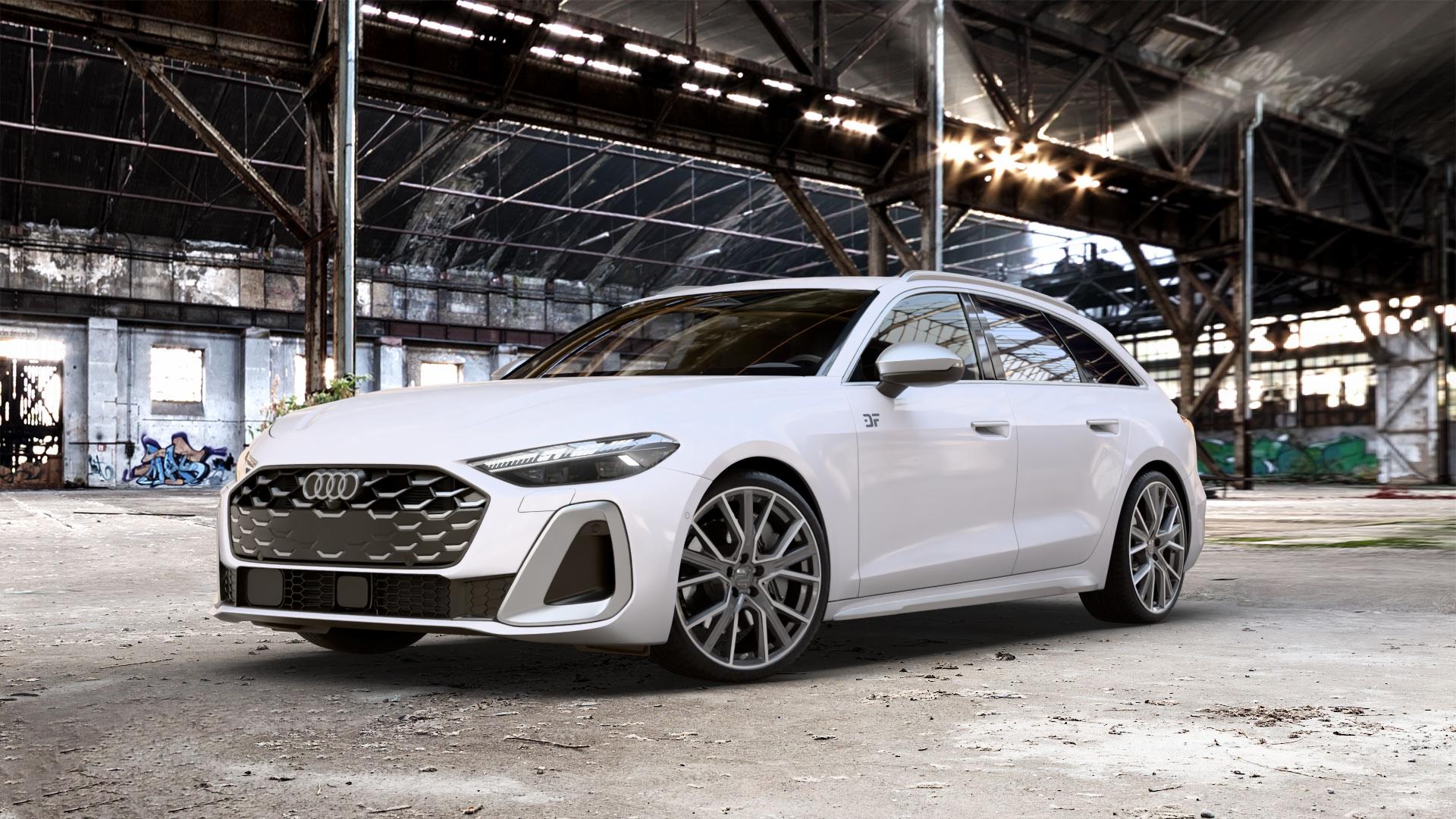 2DRV WH34 Dark Gunmetal Hochglanzpoliert Felge mit Reifen grau in 20Zoll Winterfelge Alufelge auf weissem Audi A5 Typ B10 (Avant) 3,0l S5 270kW Mild-Hybrid (367 PS) ⬇️ mit 15mm Tieferlegung ⬇️ Old Industrial Hall_max_5300mm_2024 Frontansicht_1