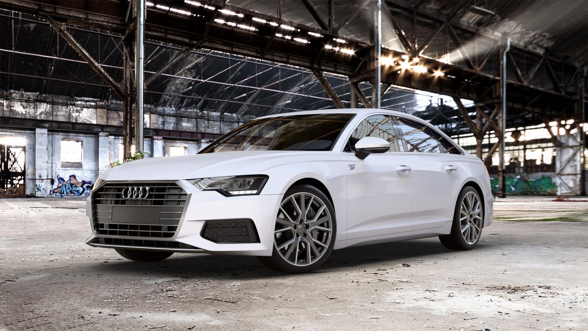 2DRV WH34 Dark Gunmetal Hochglanzpoliert Felge mit Reifen grau in 20Zoll Winterfelge Alufelge auf weissem Audi A6 Typ F2/C8 (Limousine) Facelift ⬇️ mit 15mm Tieferlegung ⬇️ Old Industrial Hall_max_5300mm_2024 Frontansicht_1