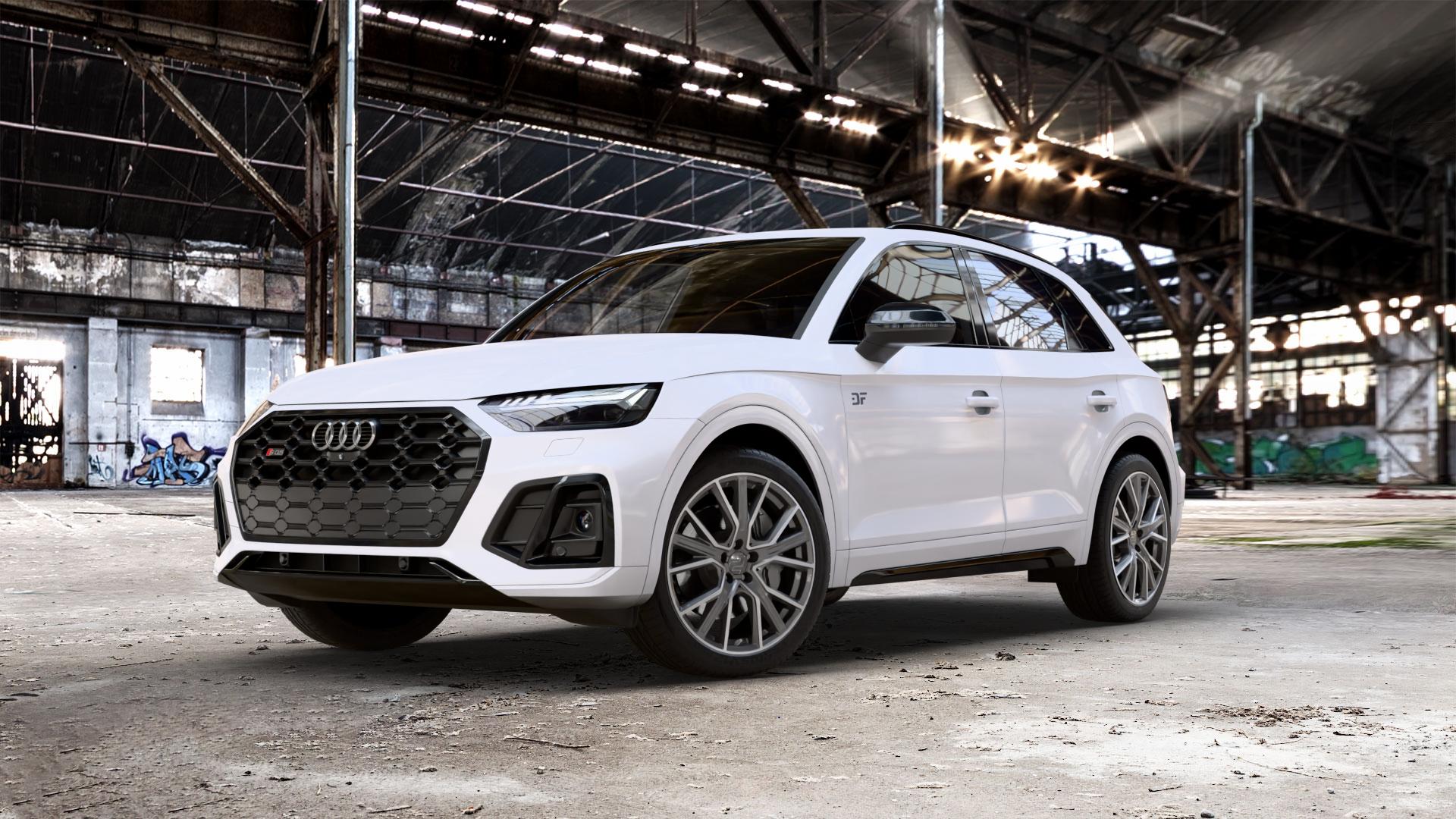 2DRV WH34 Dark Gunmetal Hochglanzpoliert Felge mit Reifen grau in 20Zoll Winterfelge Alufelge auf weissem Audi Q5 II Typ FY Facelift 3,0l SQ5 TDI quattro 251kW Mild-Hybrid (341 PS) ⬇️ mit 15mm Tieferlegung ⬇️ Old Industrial Hall_max_5300mm_2024 Frontansicht_1