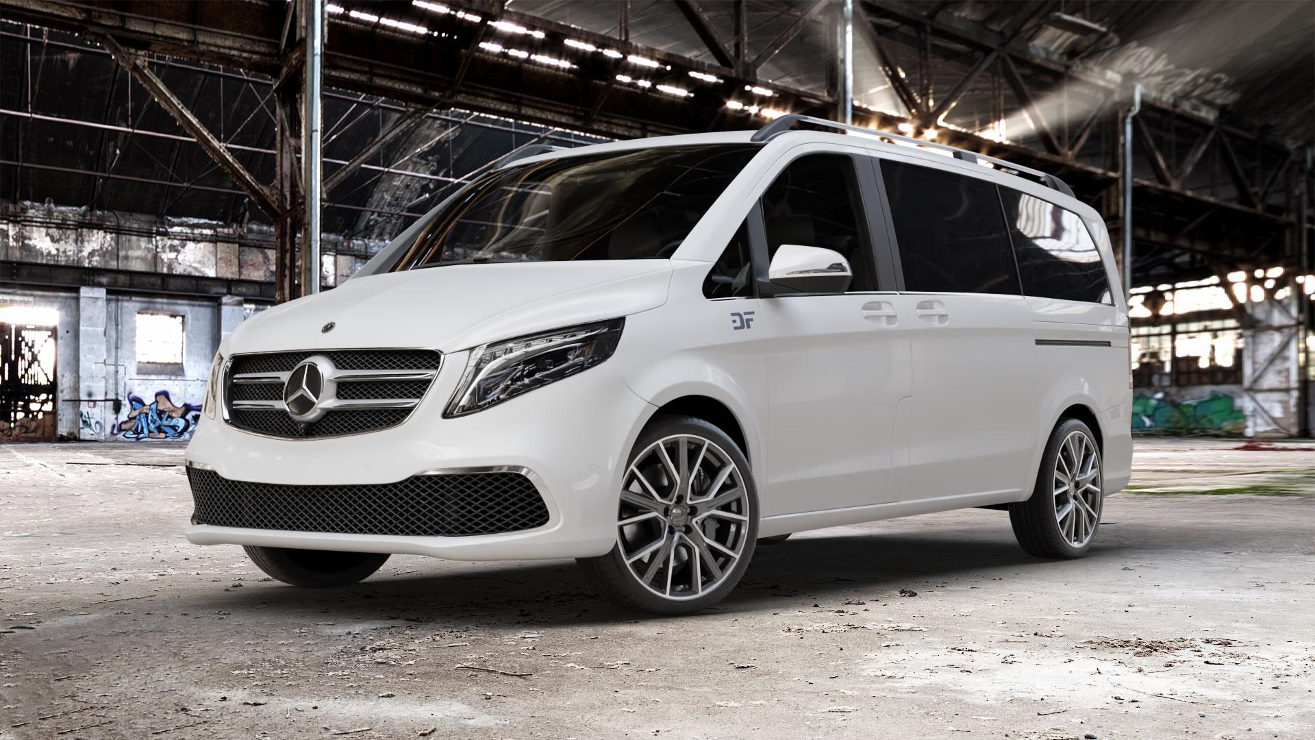 2DRV WH34 Dark Gunmetal Hochglanzpoliert Felge mit Reifen grau in 20Zoll Winterfelge Alufelge auf weissem Mercedes V-Klasse Typ W447 Facelift Marco Polo Vito Tourer ⬇️ mit 15mm Tieferlegung ⬇️ Old Industrial Hall_max_5300mm_2024 Frontansicht_1