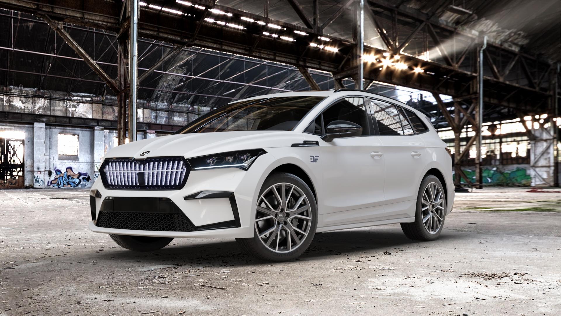 2DRV WH34 Dark Gunmetal Hochglanzpoliert Felge mit Reifen grau in 20Zoll Winterfelge Alufelge auf weissem Skoda Enyaq iV Typ NY 0,0l 70kW 80 (95 PS) 50 77kW 80x (105 60 ⬇️ mit 15mm Tieferlegung ⬇️ Old Industrial Hall_max_5300mm_2024 Frontansicht_1