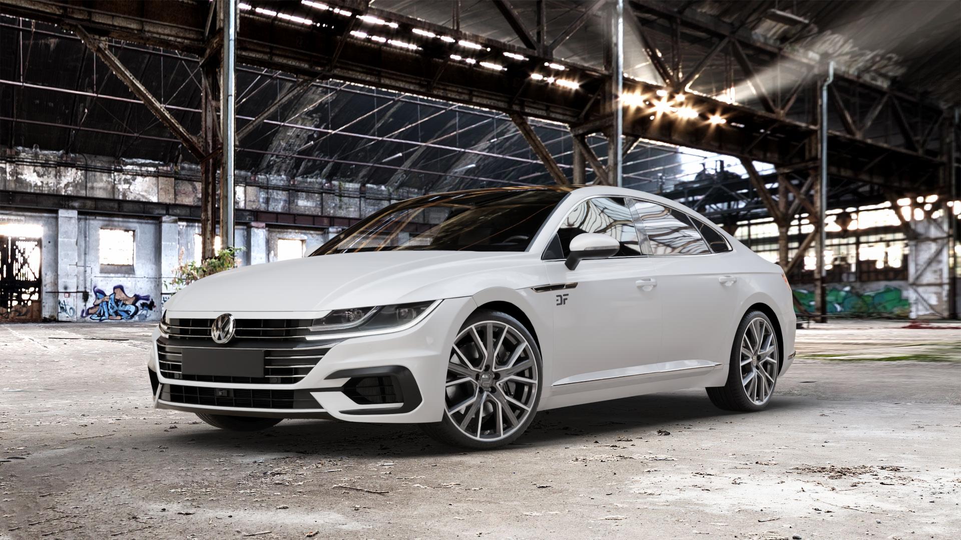 2DRV WH34 Dark Gunmetal Hochglanzpoliert Felge mit Reifen grau in 20Zoll Winterfelge Alufelge auf weissem Volkswagen (VW) Arteon Typ 3H ⬇️ mit 15mm Tieferlegung ⬇️ Old Industrial Hall_max_5300mm_2024 Frontansicht_1