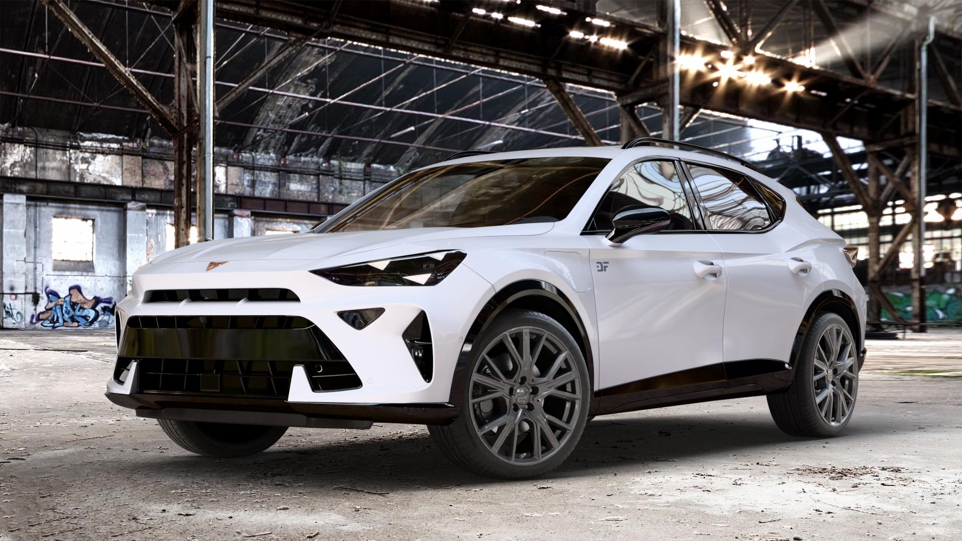 2DRV WH34 Dark Gunmetal lackiert Felge mit Reifen grau in 19Zoll Winterfelge Alufelge auf weissem Cupra Formentor Typ KM Facelift ⬇️ mit 15mm Tieferlegung ⬇️ Old Industrial Hall_max_4400mm_2024 Frontansicht_1