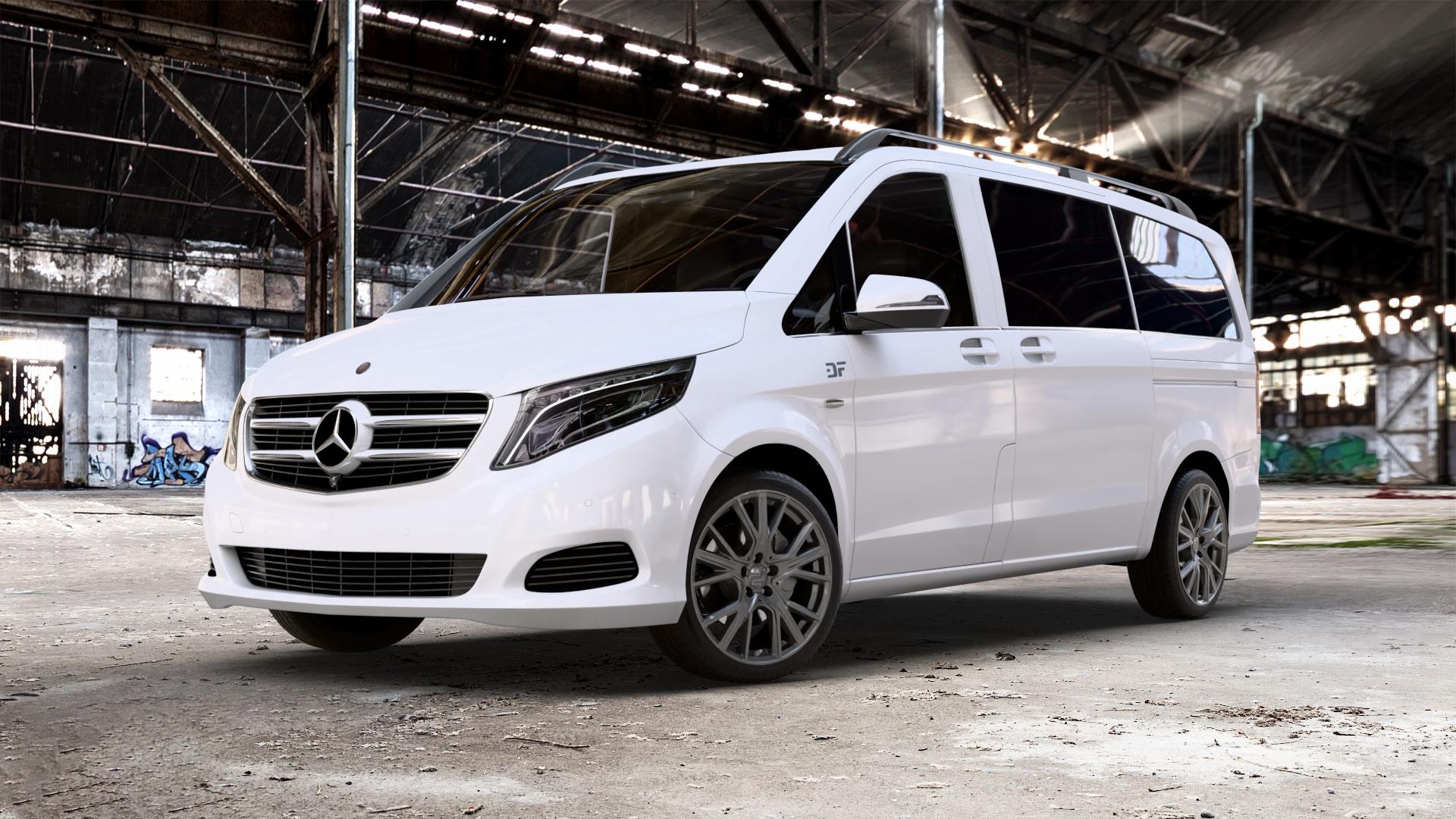 2DRV WH34 Dark Gunmetal lackiert Felge mit Reifen grau in 19Zoll Winterfelge Alufelge auf weissem Mercedes V-Klasse Typ W447 Vito Kasten Mixto Tourer Marco Polo ⬇️ mit 15mm Tieferlegung ⬇️ Old Industrial Hall_max_5300mm_2024 Frontansicht_1