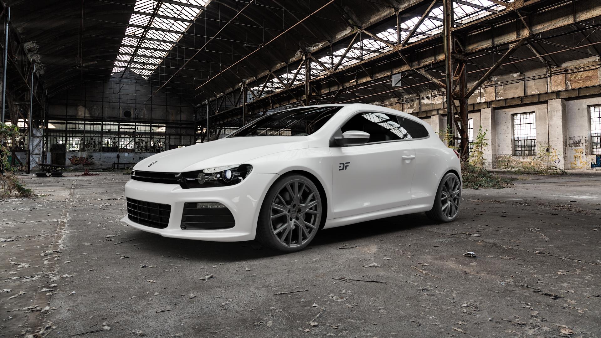 2DRV WH34 Dark Gunmetal lackiert Felge mit Reifen grau in 19Zoll Winterfelge Alufelge auf weissem Volkswagen (VW) Scirocco III Typ 13 2,0l TSI R 195kW (265 PS) 188kW (256 ⬇️ mit 15mm Tieferlegung ⬇️ Old Industrial Hall_max5000mm_2022 Frontansicht_1