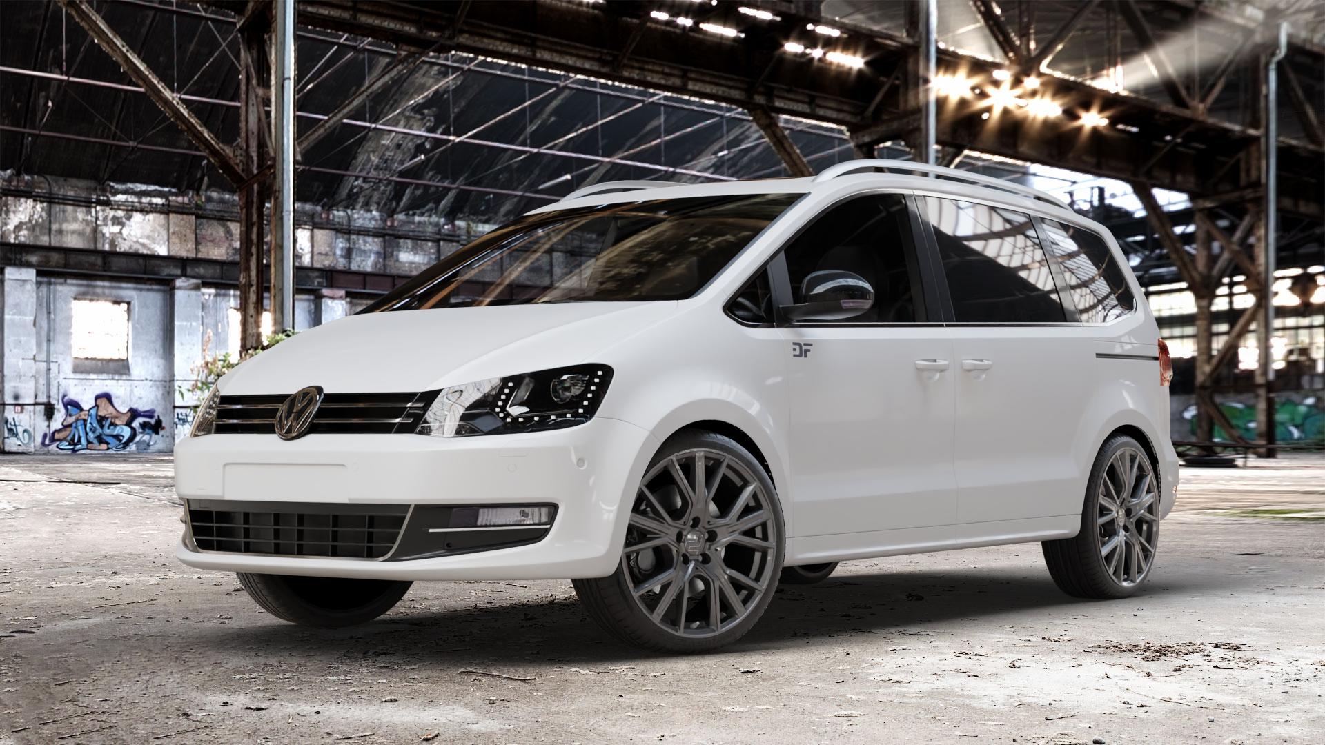 2DRV WH34 Dark Gunmetal lackiert Felge mit Reifen grau in 19Zoll Winterfelge Alufelge auf weissem Volkswagen (VW) Sharan III Typ 7N (15->) ⬇️ mit 15mm Tieferlegung ⬇️ Old Industrial Hall_max_4400mm_2024 Frontansicht_1