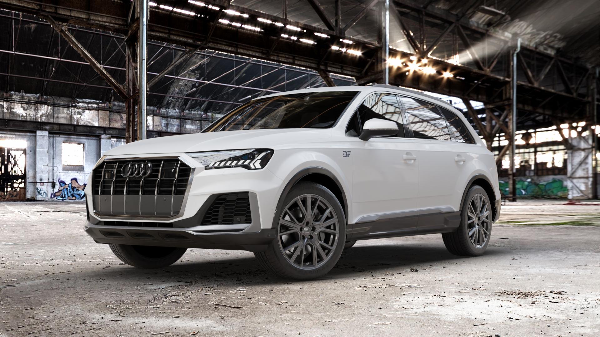 2DRV WH34 Dark Gunmetal lackiert Felge mit Reifen grau in 20Zoll Winterfelge Alufelge auf weissem Audi Q7 II Typ 4M (4L) Facelift 19-> ⬇️ mit 15mm Tieferlegung ⬇️ Old Industrial Hall_max_5300mm_2024 Frontansicht_1