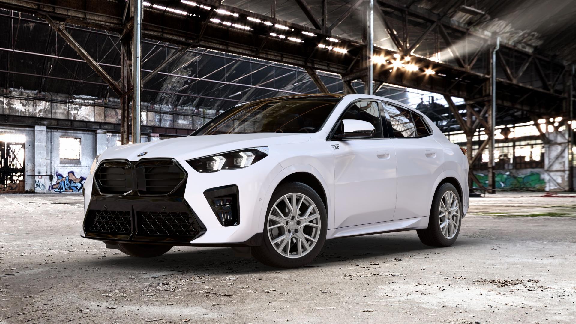 2DRV WH34 Daytona Grau Hochglanzpoliert Felge mit Reifen silber in 18Zoll Winterfelge Alufelge auf unilack weißem BMW X2 Typ U10 (U2X) 2,0l sDrive 18d 100kW (136 PS) 110kW (150 1,5l 20i Mild-Hybrid 115kW (156 xDrive20d ⬇️ mit 15mm Tieferlegung ⬇️ Old Industrial Hall_max_5300mm_2024 Frontansicht_1