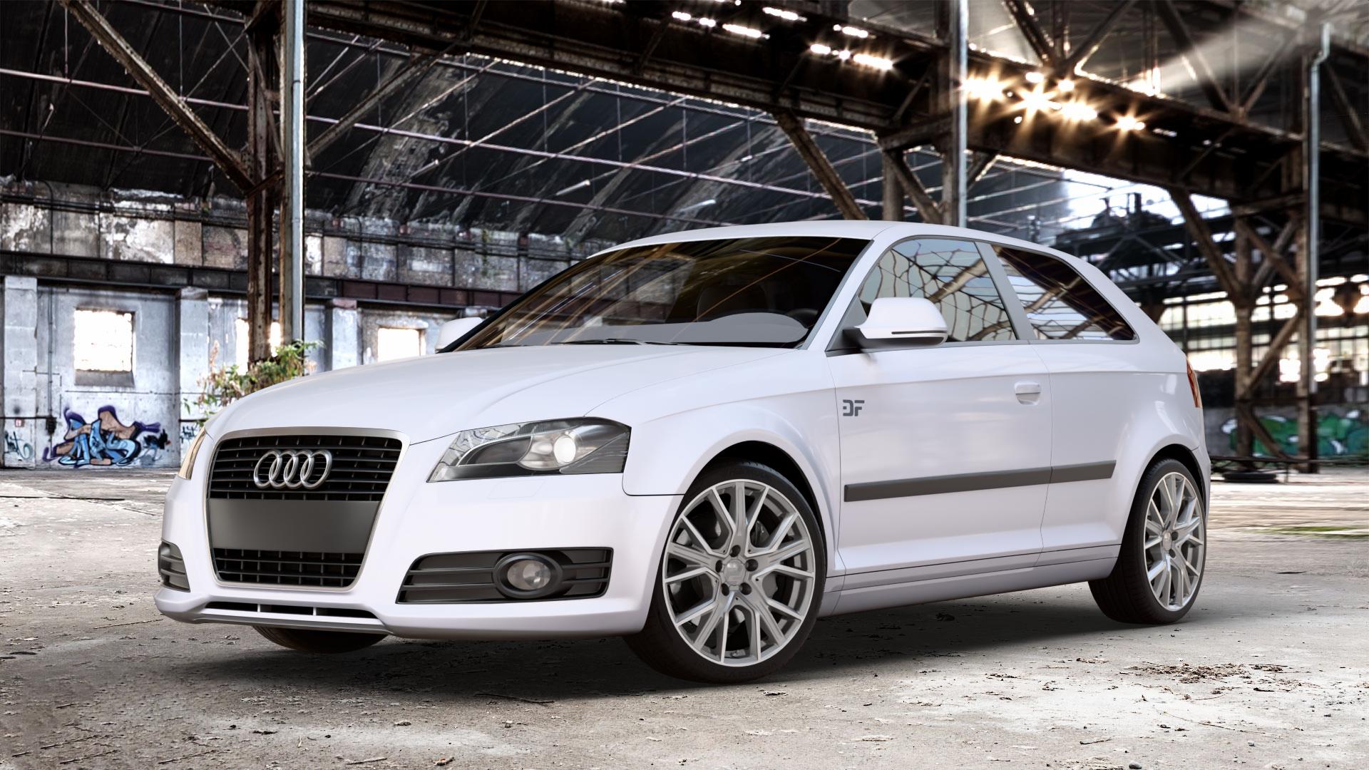 2DRV WH34 Daytona Grau Hochglanzpoliert Felge mit Reifen silber in 18Zoll Winterfelge Alufelge auf weißem Audi A3 Typ 8P ⬇️ mit 15mm Tieferlegung ⬇️ Old Industrial Hall_max_4400mm_2024 Frontansicht_1