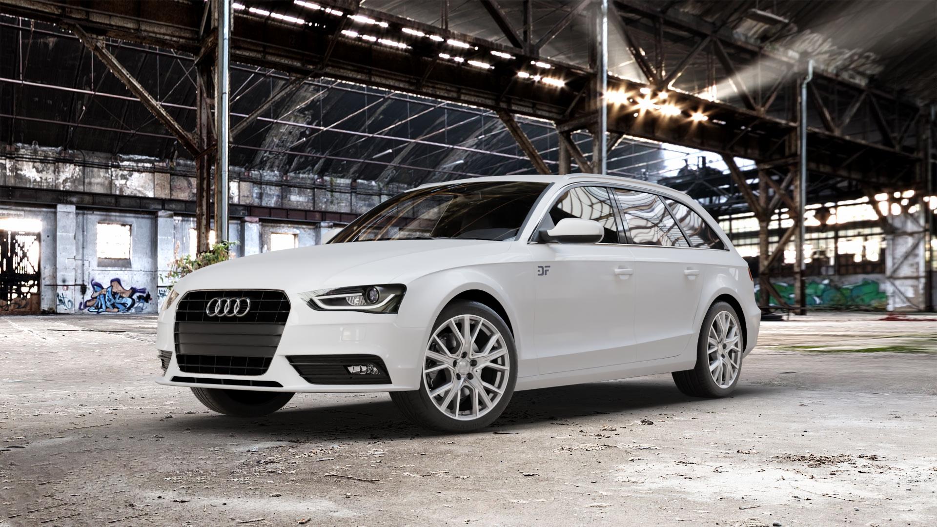 2DRV WH34 Daytona Grau Hochglanzpoliert Felge mit Reifen silber in 18Zoll Winterfelge Alufelge auf weissem Audi A4 Typ 8K5/B8 (Avant) Facelift ⬇️ mit 15mm Tieferlegung ⬇️ Old Industrial Hall_max_5300mm_2024 Frontansicht_1