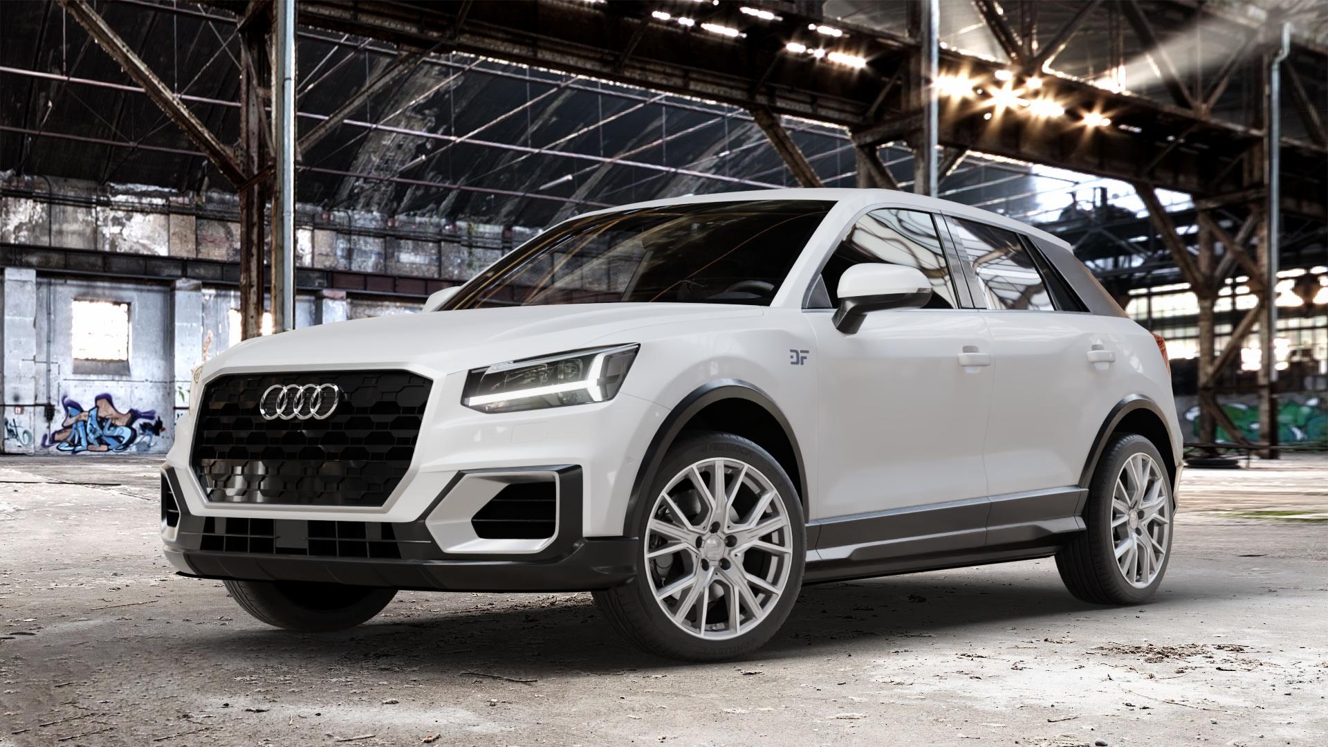 2DRV WH34 Daytona Grau Hochglanzpoliert Felge mit Reifen silber in 18Zoll Winterfelge Alufelge auf weissem Audi Q2 Typ GA ⬇️ mit 15mm Tieferlegung ⬇️ Old Industrial Hall_max_4400mm_2024 Frontansicht_1