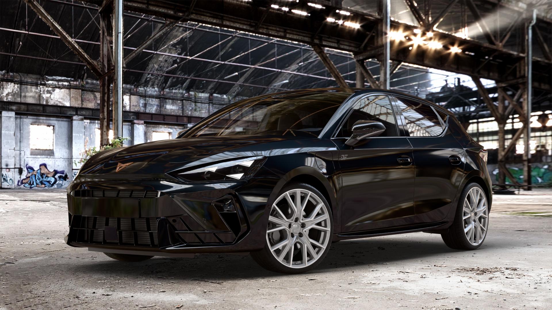 2DRV WH34 Daytona Grau Hochglanzpoliert Felge mit Reifen silber in 19Zoll Winterfelge Alufelge auf metallic schwarzem Cupra Leon Typ KL Facelift ⬇️ mit 15mm Tieferlegung ⬇️ Old Industrial Hall_max_4400mm_2024 Frontansicht_1
