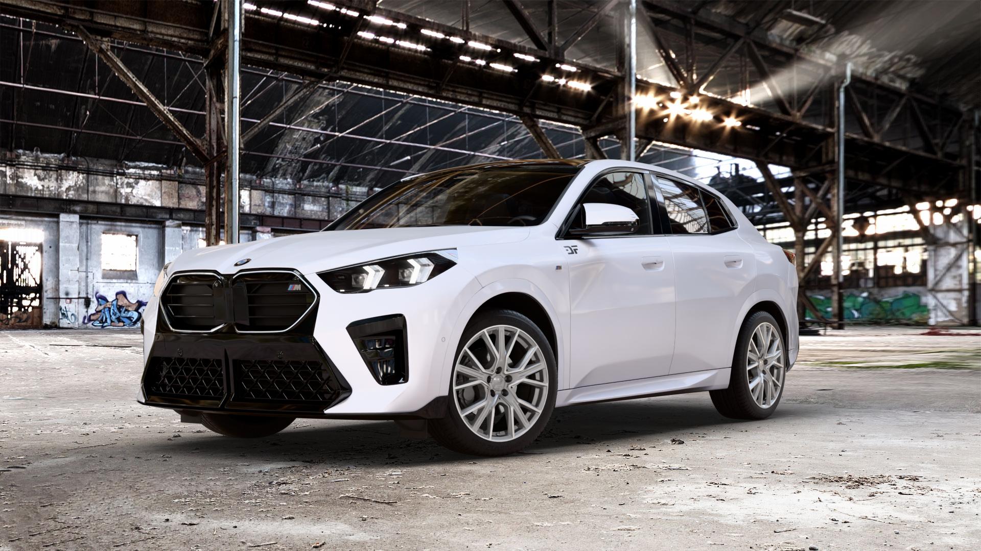 2DRV WH34 Daytona Grau Hochglanzpoliert Felge mit Reifen silber in 19Zoll Winterfelge Alufelge auf unilack weißem BMW X2 Typ U10 (U2X) 2,0l M35i xDrive 221kW (300 PS) ⬇️ mit 15mm Tieferlegung ⬇️ Old Industrial Hall_max_5300mm_2024 Frontansicht_1
