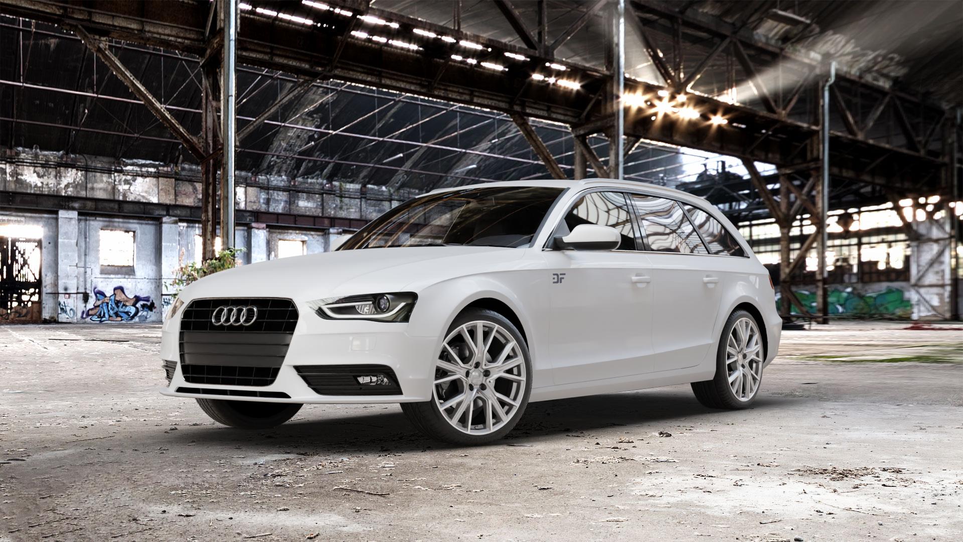 2DRV WH34 Daytona Grau Hochglanzpoliert Felge mit Reifen silber in 19Zoll Winterfelge Alufelge auf weissem Audi A4 Typ 8K5/B8 (Avant) Facelift ⬇️ mit 15mm Tieferlegung ⬇️ Old Industrial Hall_max_5300mm_2024 Frontansicht_1