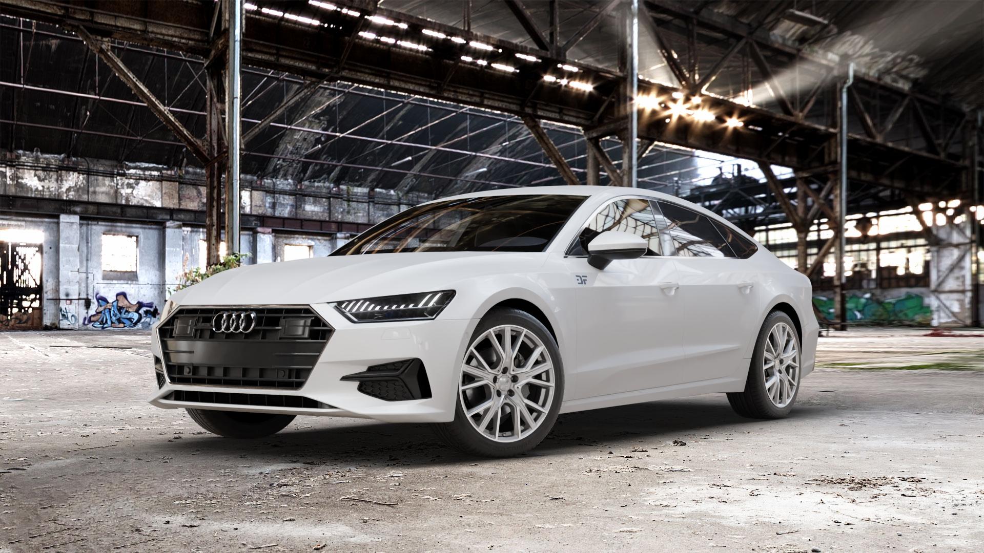 2DRV WH34 Daytona Grau Hochglanzpoliert Felge mit Reifen silber in 19Zoll Winterfelge Alufelge auf weissem Audi A7 Typ F2/C8 (Sportback) ⬇️ mit 15mm Tieferlegung ⬇️ Old Industrial Hall_max_5300mm_2024 Frontansicht_1