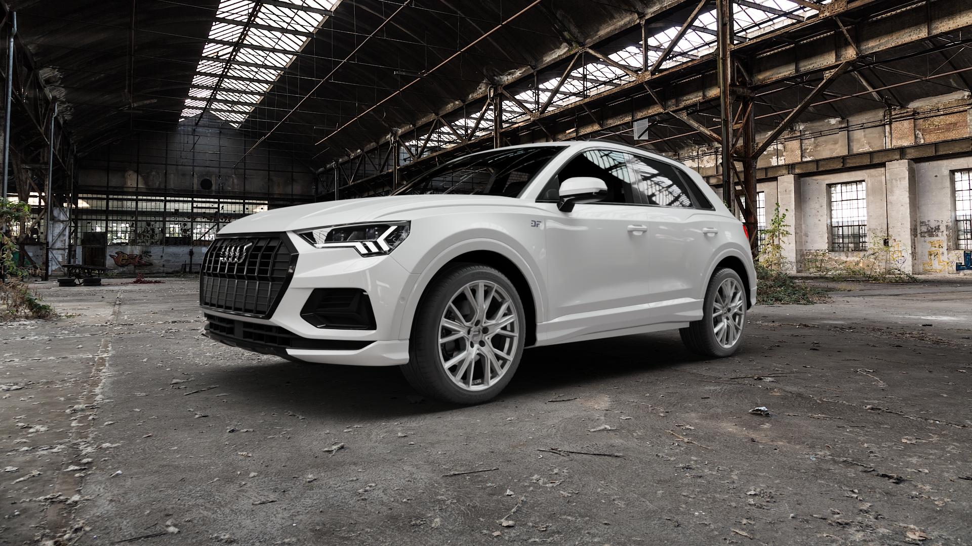 2DRV WH34 Daytona Grau Hochglanzpoliert Felge mit Reifen silber in 19Zoll Winterfelge Alufelge auf weissem Audi Q3 II Sportback Typ F3 ⬇️ mit 15mm Tieferlegung ⬇️ Old Industrial Hall_max5000mm_2022 Frontansicht_1