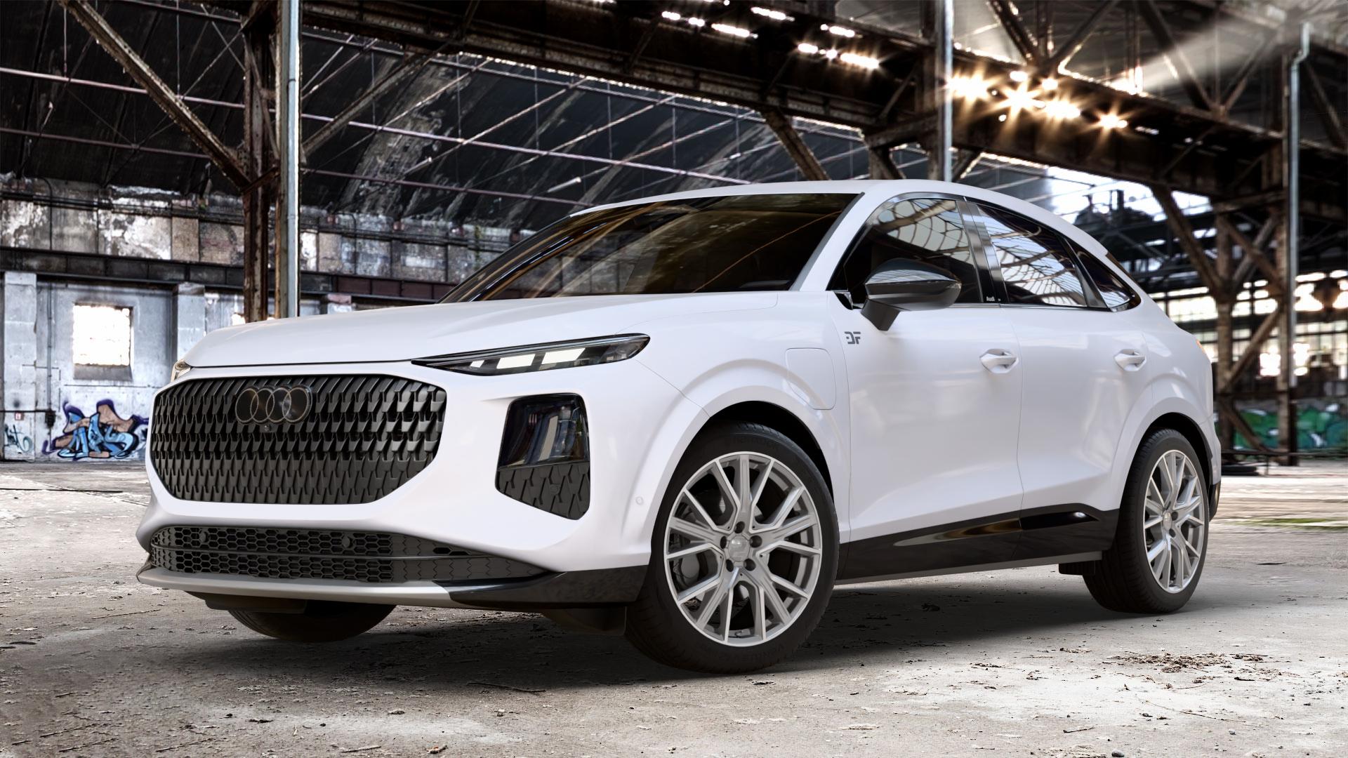 2DRV WH34 Daytona Grau Hochglanzpoliert Felge mit Reifen silber in 19Zoll Winterfelge Alufelge auf weissem Audi Q3 III Sportback Typ FJ ⬇️ mit 15mm Tieferlegung ⬇️ Old Industrial Hall_max_4400mm_2024 Frontansicht_1