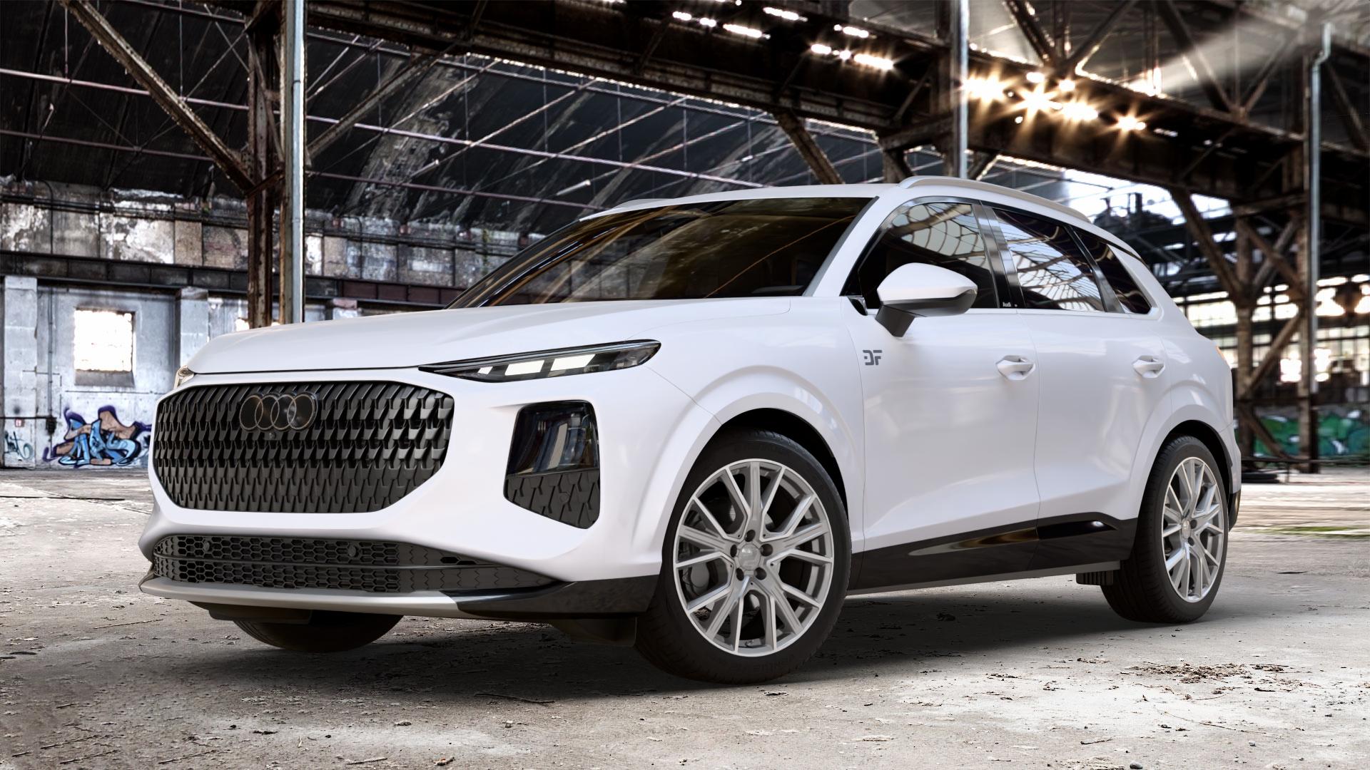 2DRV WH34 Daytona Grau Hochglanzpoliert Felge mit Reifen silber in 19Zoll Winterfelge Alufelge auf weissem Audi Q3 III Typ FJ ⬇️ mit 15mm Tieferlegung ⬇️ Old Industrial Hall_max_4400mm_2024 Frontansicht_1