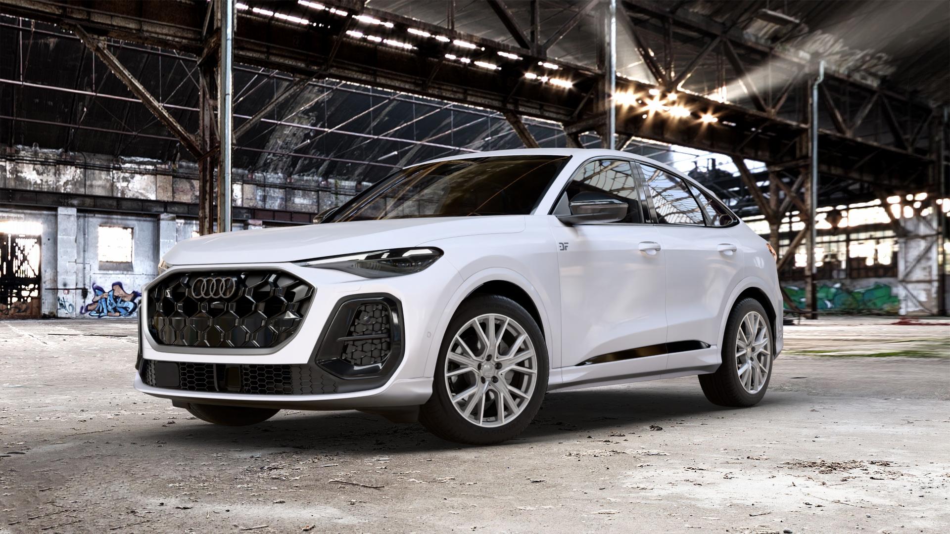 2DRV WH34 Daytona Grau Hochglanzpoliert Felge mit Reifen silber in 19Zoll Winterfelge Alufelge auf weissem Audi Q5 III Typ GU (FY) Sportback ⬇️ mit 15mm Tieferlegung ⬇️ Old Industrial Hall_max_5300mm_2024 Frontansicht_1