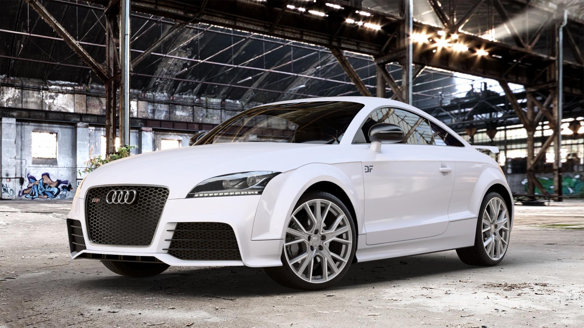2DRV WH34 Daytona Grau Hochglanzpoliert Felge mit Reifen silber in 19Zoll Winterfelge Alufelge auf weissem Audi TT II Typ 8J (Coupé) 2,5l RS quattro 250kW (340 PS) 265kW (360 ⬇️ mit 15mm Tieferlegung ⬇️ Old Industrial Hall_max_4400mm_2024 Frontansicht_1