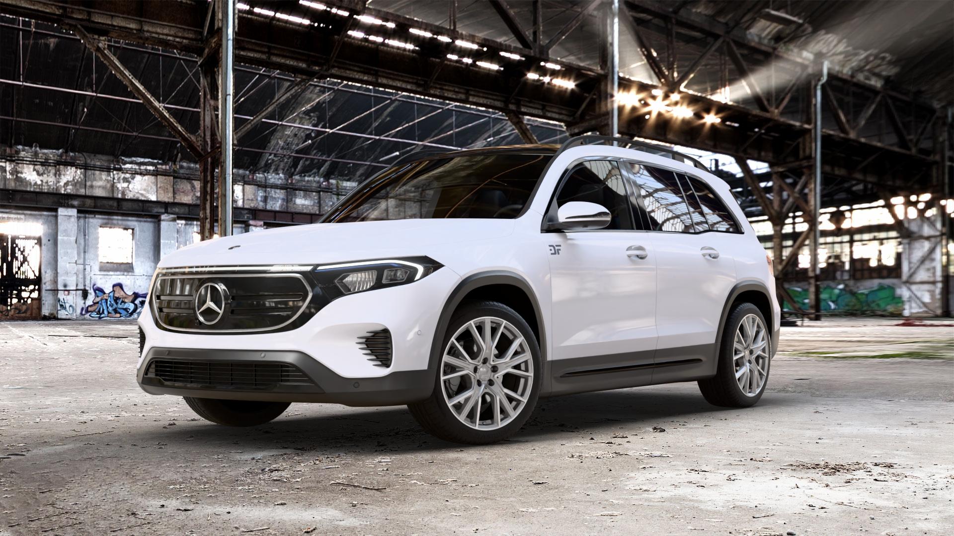 2DRV WH34 Daytona Grau Hochglanzpoliert Felge mit Reifen silber in 19Zoll Winterfelge Alufelge auf weissem Mercedes EQB Typ F2B Facelift 0,0l 300 4Matic 130kW (177 PS) 350 ⬇️ mit 15mm Tieferlegung ⬇️ Old Industrial Hall_max_5300mm_2024 Frontansicht_1