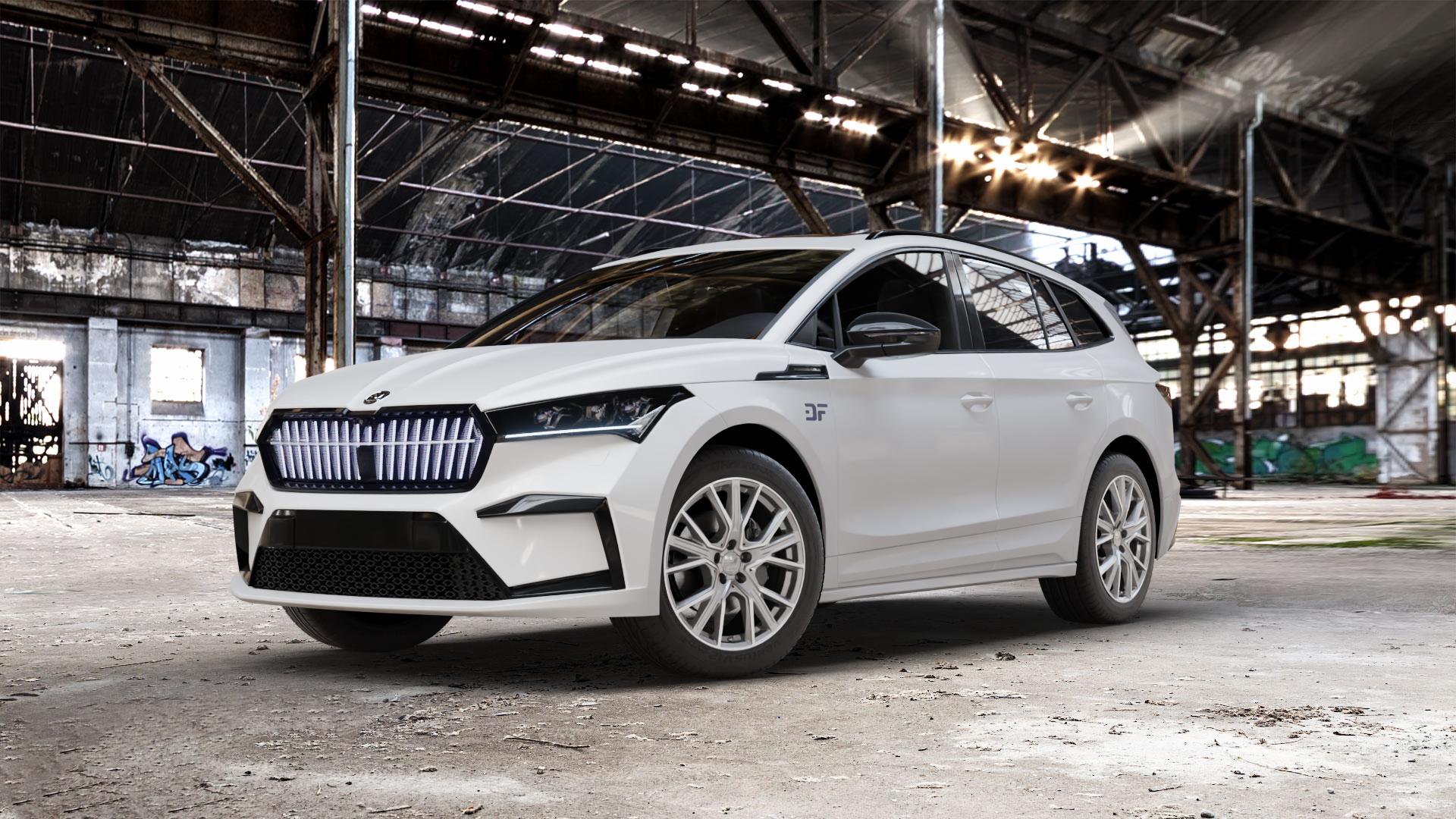 2DRV WH34 Daytona Grau Hochglanzpoliert Felge mit Reifen silber in 19Zoll Winterfelge Alufelge auf weissem Skoda Enyaq iV Typ NY 0,0l 70kW 80 (95 PS) 50 77kW 80x (105 60 ⬇️ mit 15mm Tieferlegung ⬇️ Old Industrial Hall_max_5300mm_2024 Frontansicht_1