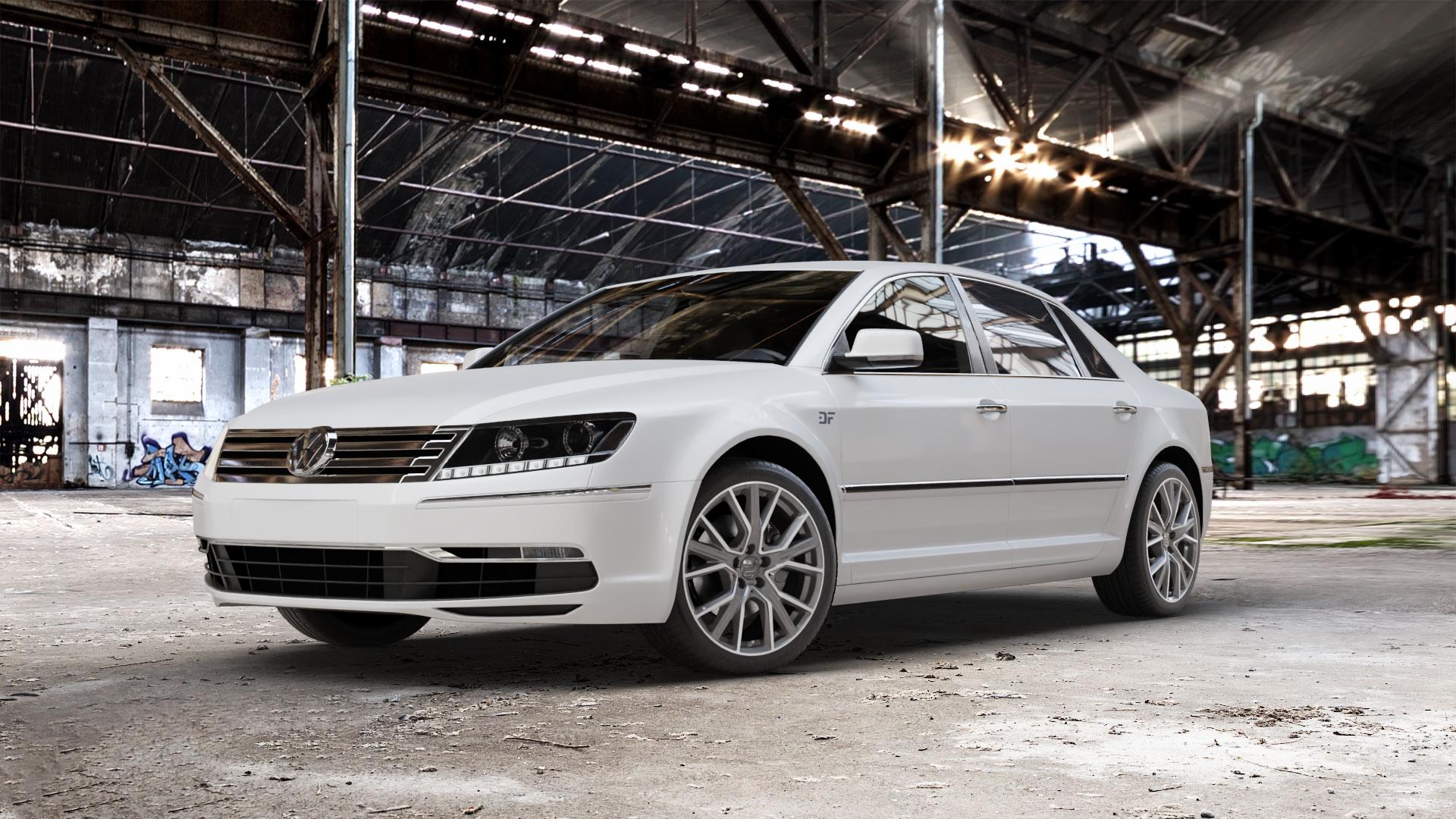 2DRV WH34 Daytona Grau Hochglanzpoliert Felge mit Reifen silber in 19Zoll Winterfelge Alufelge auf weissem Volkswagen (VW) Phaeton Typ 3D (Facelift 10->) ⬇️ mit 15mm Tieferlegung ⬇️ Old Industrial Hall_max_5300mm_2024 Frontansicht_1