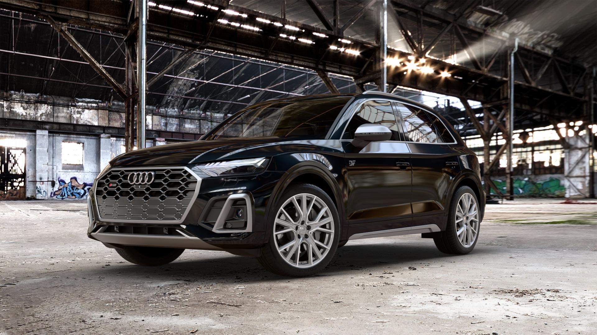 2DRV WH34 Daytona Grau Hochglanzpoliert Felge mit Reifen silber in 20Zoll Winterfelge Alufelge auf metallic schwarzem Audi Q5 II Typ FY Facelift 3,0l SQ5 TDI quattro 251kW Mild-Hybrid (341 PS) ⬇️ mit 15mm Tieferlegung ⬇️ Old Industrial Hall_max_5300mm_2024 Frontansicht_1