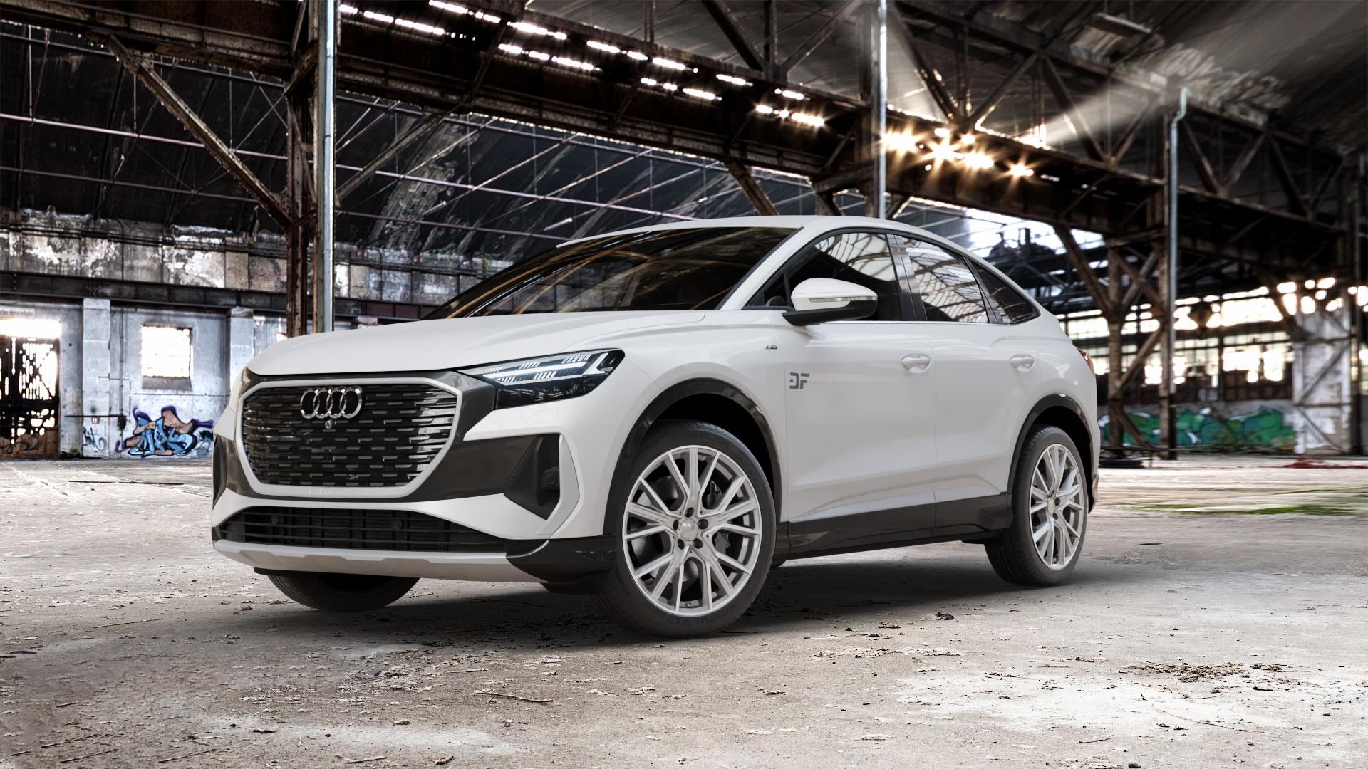 2DRV WH34 Daytona Grau Hochglanzpoliert Felge mit Reifen silber in 20Zoll Winterfelge Alufelge auf weissem Audi Q4 Sportback Typ FZ e-tron ⬇️ mit 15mm Tieferlegung ⬇️ Old Industrial Hall_max_5300mm_2024 Frontansicht_1