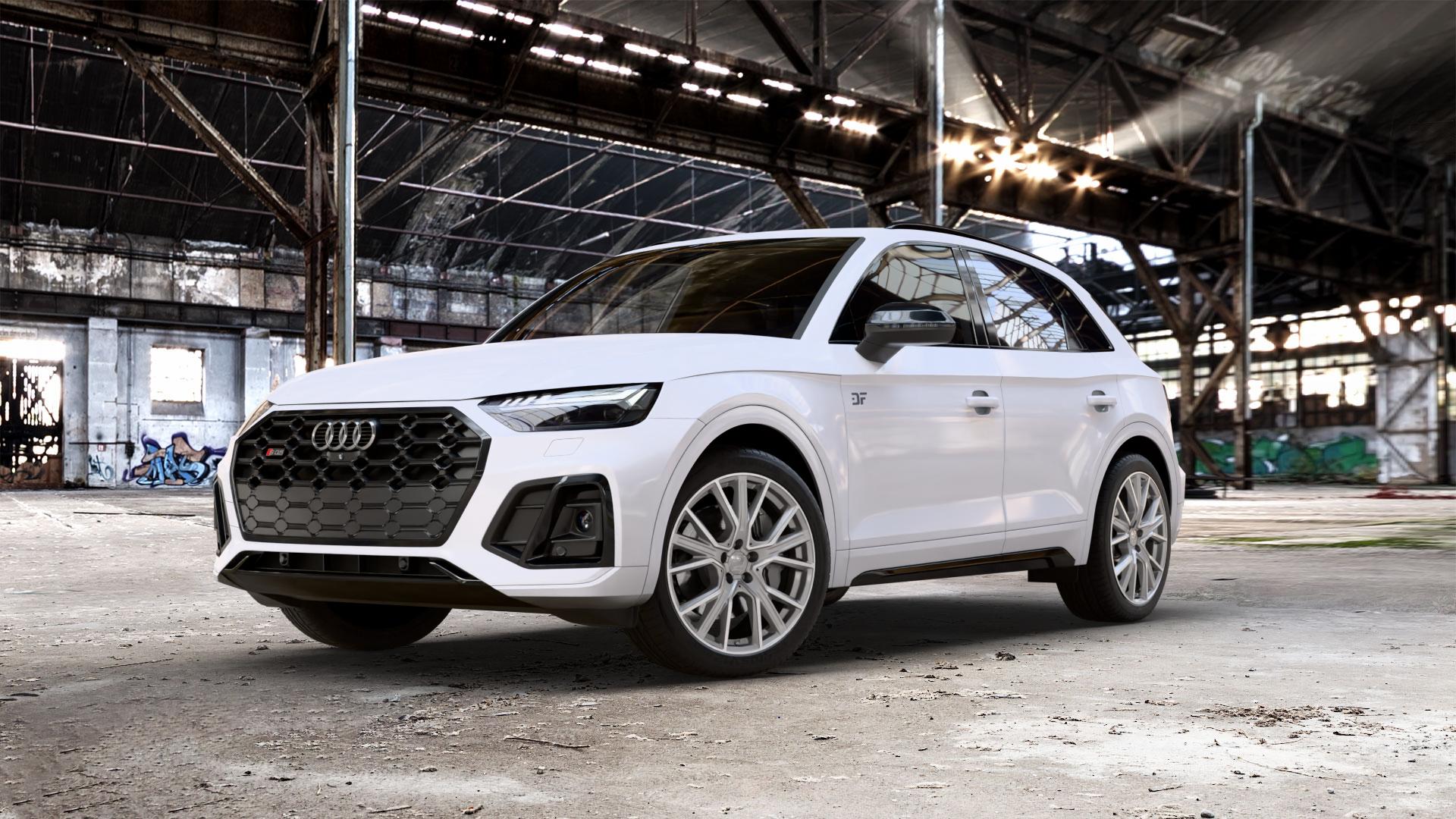 2DRV WH34 Daytona Grau Hochglanzpoliert Felge mit Reifen silber in 20Zoll Winterfelge Alufelge auf weissem Audi Q5 II Typ FY Facelift 3,0l SQ5 TDI quattro 251kW Mild-Hybrid (341 PS) ⬇️ mit 15mm Tieferlegung ⬇️ Old Industrial Hall_max_5300mm_2024 Frontansicht_1