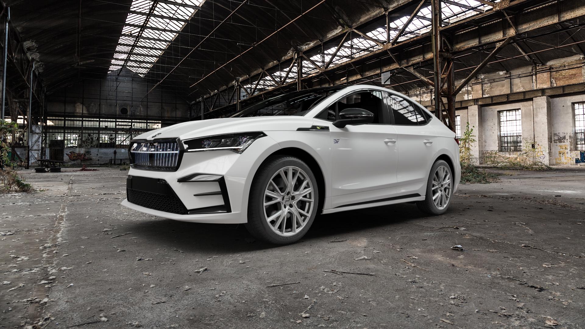 2DRV WH34 Daytona Grau Hochglanzpoliert Felge mit Reifen silber in 20Zoll Winterfelge Alufelge auf weissem Skoda Enyaq Coupe iV Typ NY 0,0l 89kW 85 Coupé (121 PS) 77kW 85X (105 RS ⬇️ mit 15mm Tieferlegung ⬇️ Old Industrial Hall_max5000mm_2022 Frontansicht_1