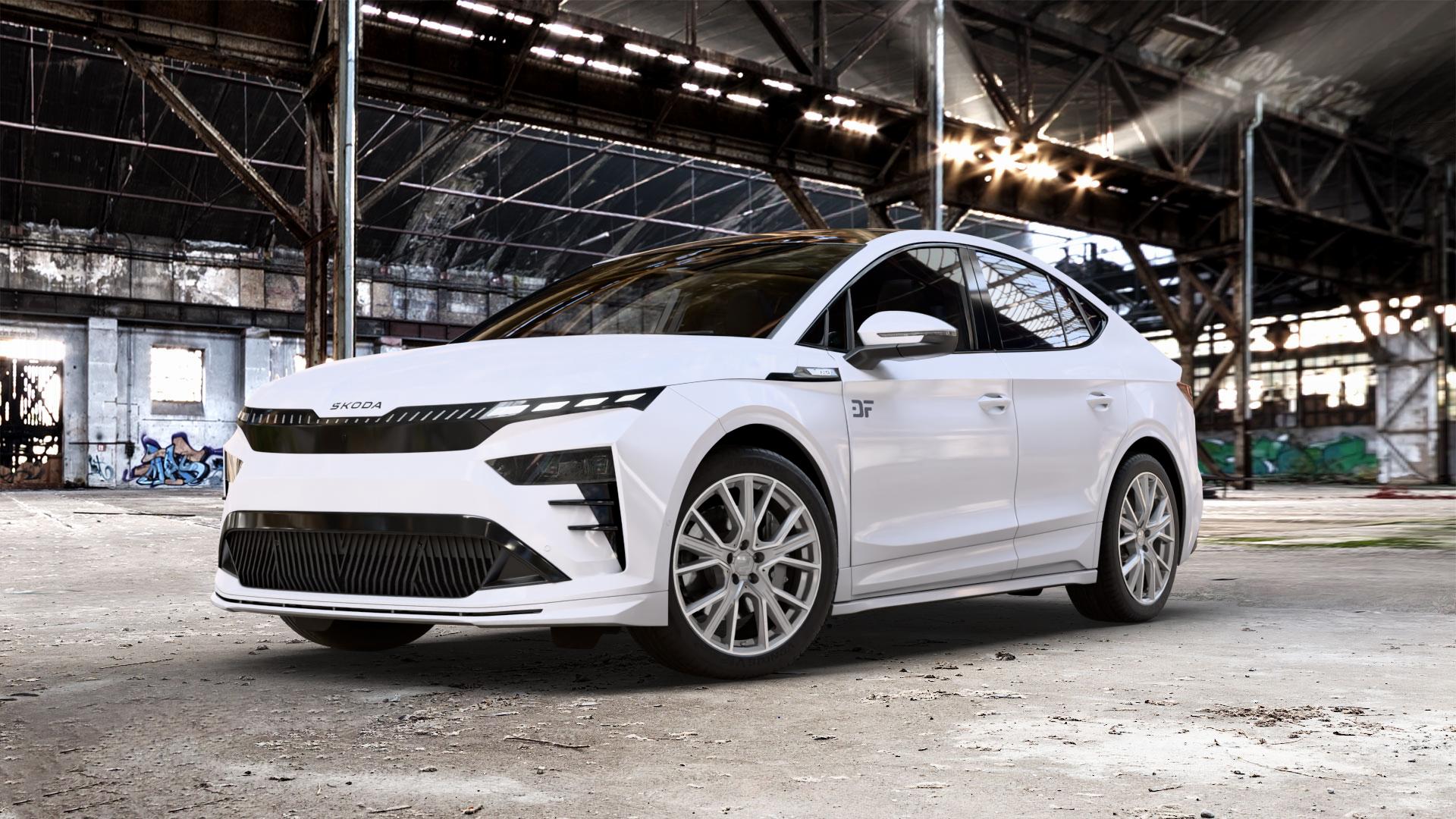 2DRV WH34 Daytona Grau Hochglanzpoliert Felge mit Reifen silber in 20Zoll Winterfelge Alufelge auf weissem Skoda Enyaq Coupe iV Typ NY Facelift 0,0l 77kW RS Coupé (105 PS) ⬇️ mit 15mm Tieferlegung ⬇️ Old Industrial Hall_max_5300mm_2024 Frontansicht_1