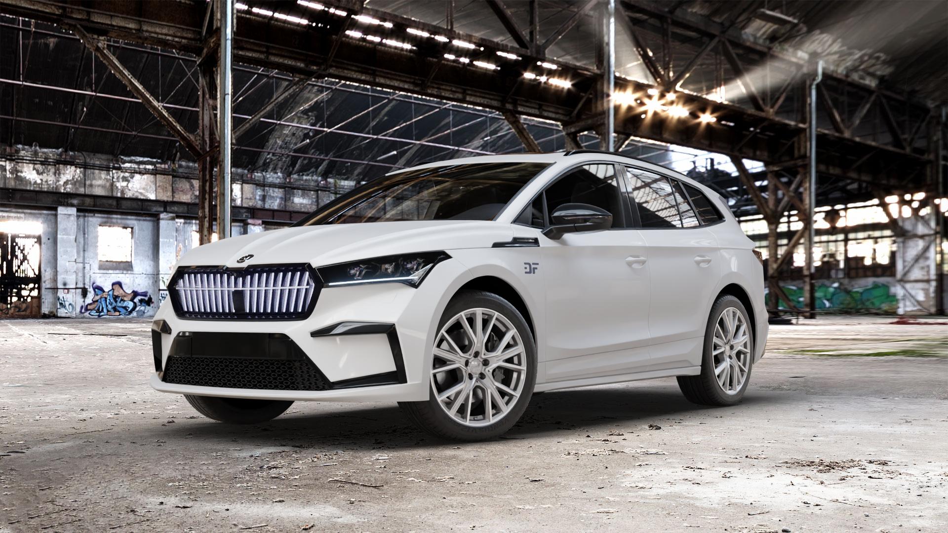 2DRV WH34 Daytona Grau Hochglanzpoliert Felge mit Reifen silber in 20Zoll Winterfelge Alufelge auf weissem Skoda Enyaq iV Typ NY 0,0l 70kW 80 (95 PS) 50 77kW 80x (105 60 ⬇️ mit 15mm Tieferlegung ⬇️ Old Industrial Hall_max_5300mm_2024 Frontansicht_1