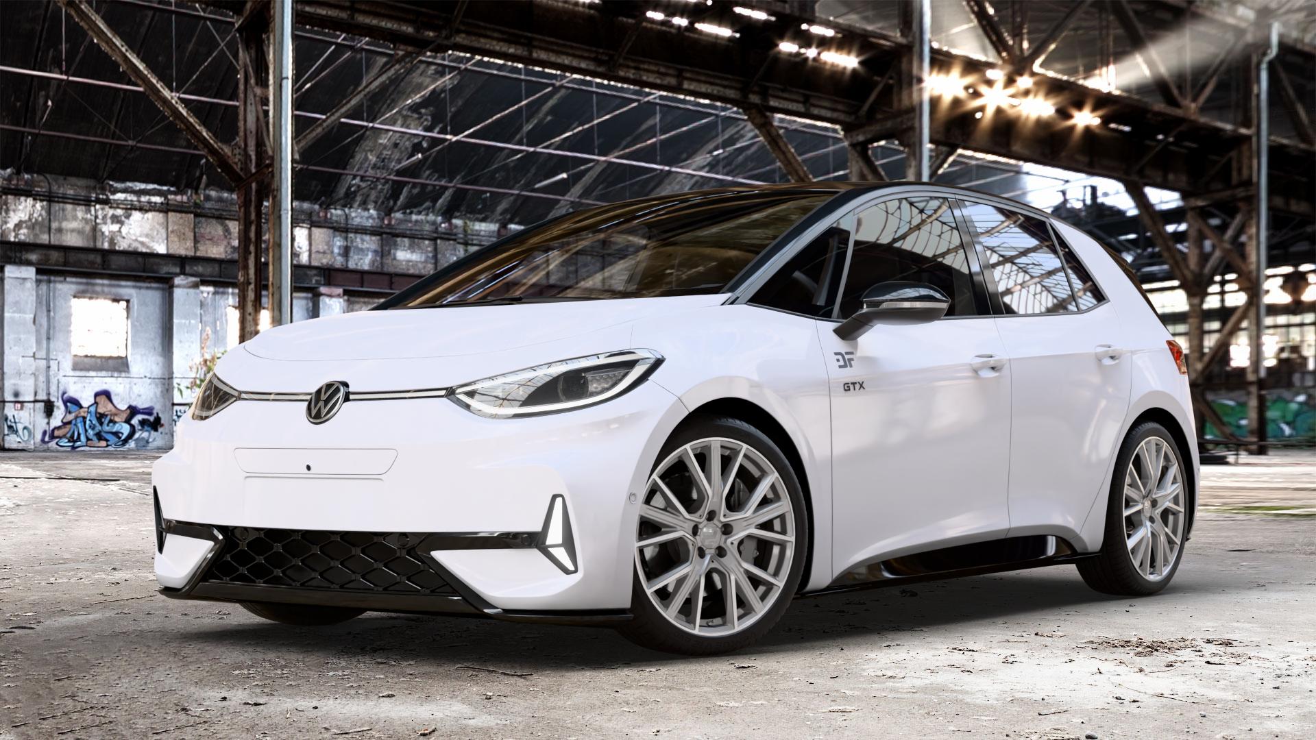 2DRV WH34 Daytona Grau Hochglanzpoliert Felge mit Reifen silber in 20Zoll Winterfelge Alufelge auf weissem Volkswagen (VW) ID.3 GTX 0,0l 89kW (210 KW) (121 PS) Performance (240 ⬇️ mit 15mm Tieferlegung ⬇️ Old Industrial Hall_max_4400mm_2024 Frontansicht_1