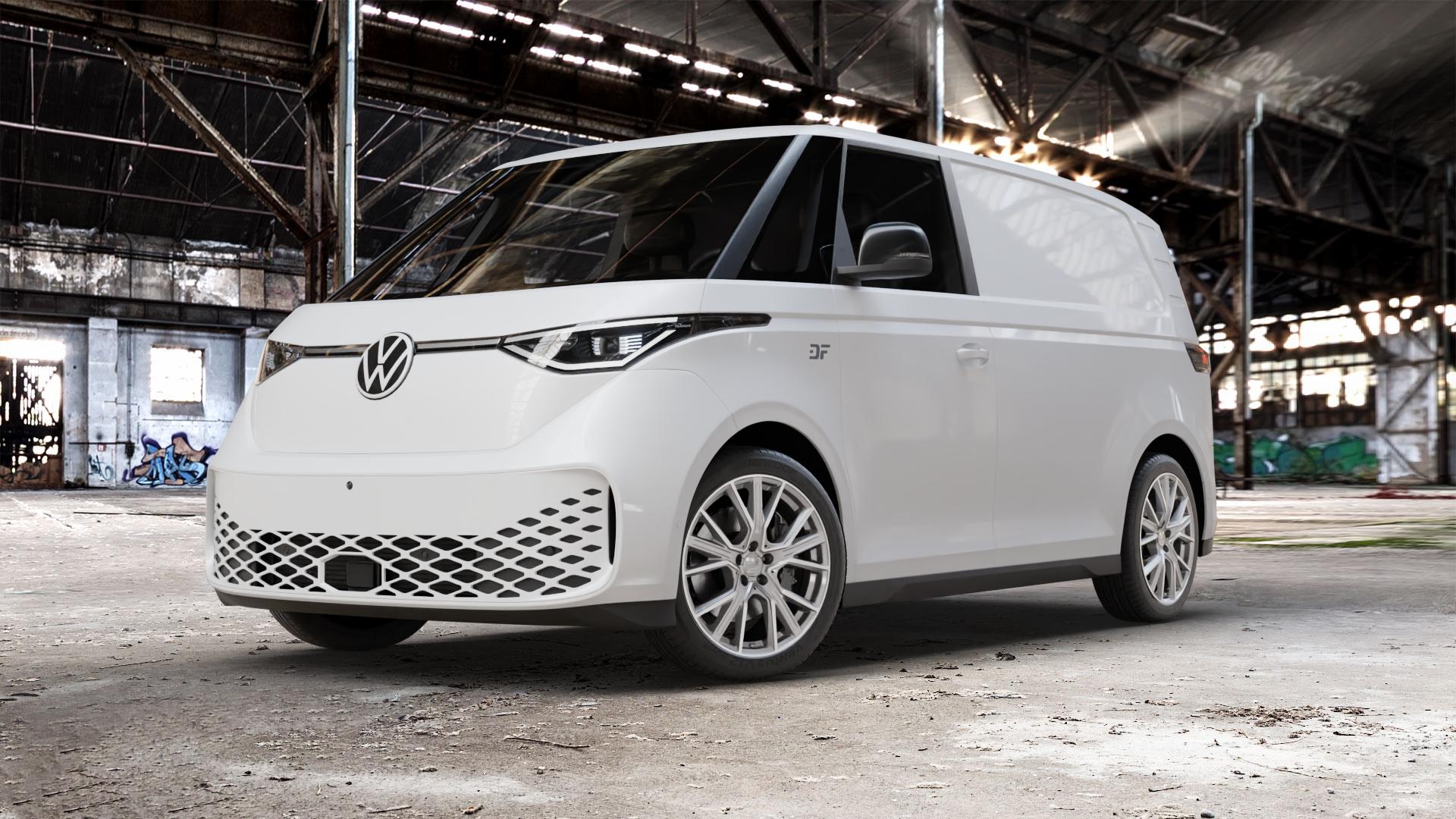 2DRV WH34 Daytona Grau Hochglanzpoliert Felge mit Reifen silber in 20Zoll Winterfelge Alufelge auf weissem Volkswagen (VW) ID. Buzz Cargo kurzer Radstand langer ⬇️ mit 15mm Tieferlegung ⬇️ Old Industrial Hall_max_5300mm_2024 Frontansicht_1