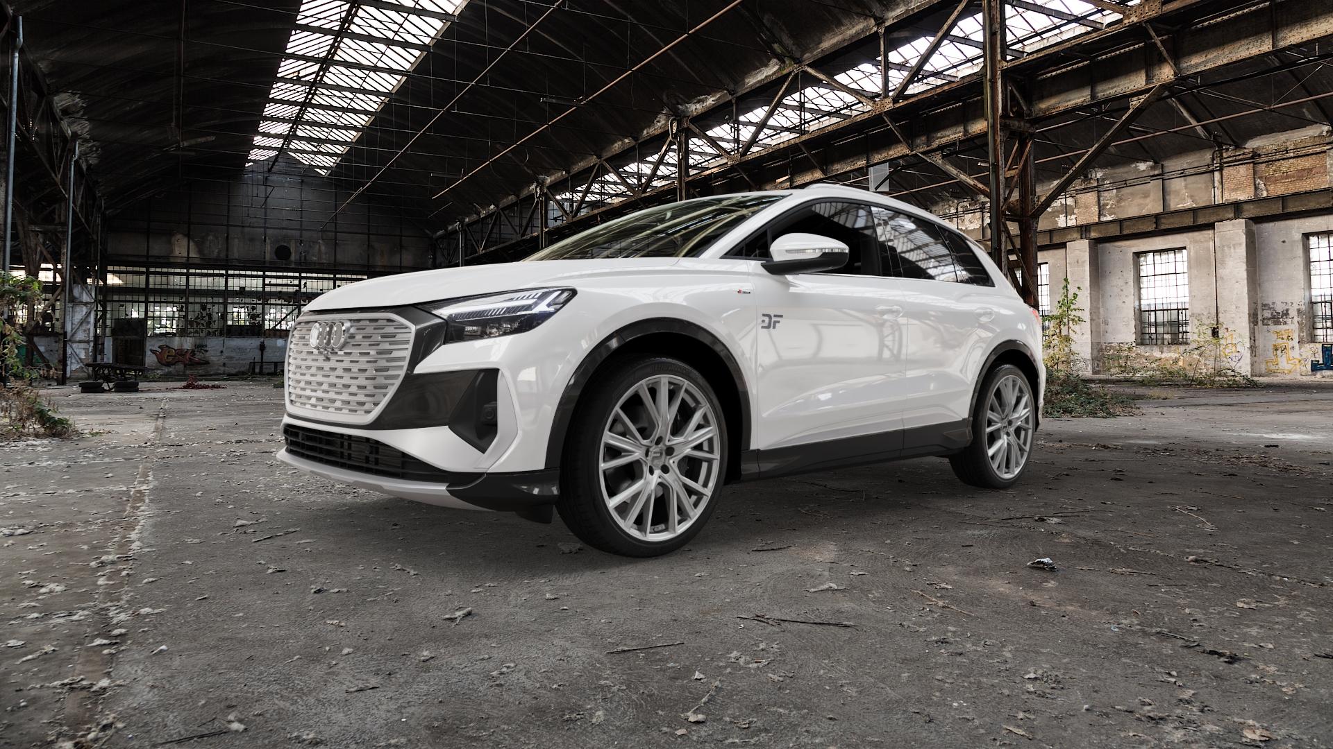 2DRV WH34 Daytona Grau Hochglanzpoliert Felge mit Reifen silber in 21Zoll Winterfelge Alufelge auf weissem Audi Q4 Typ FZ ⬇️ mit 15mm Tieferlegung ⬇️ Old Industrial Hall_max5000mm_2022 Frontansicht_1