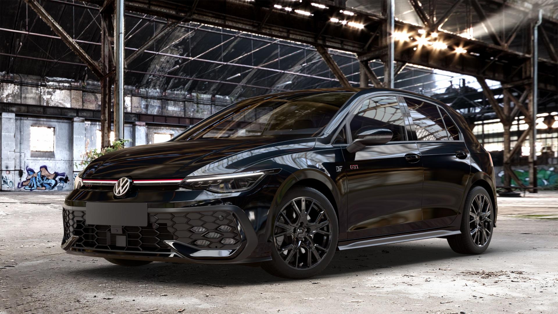 2DRV WH34 Schwarz glänzend lackiert Felge mit Reifen in 17Zoll Winterfelge Alufelge auf metallic schwarzem Volkswagen (VW) Golf 8 Facelift 2,0l GTI 195kW (265 PS) ⬇️ mit 15mm Tieferlegung ⬇️ Old Industrial Hall_max_4400mm_2024 Frontansicht_1