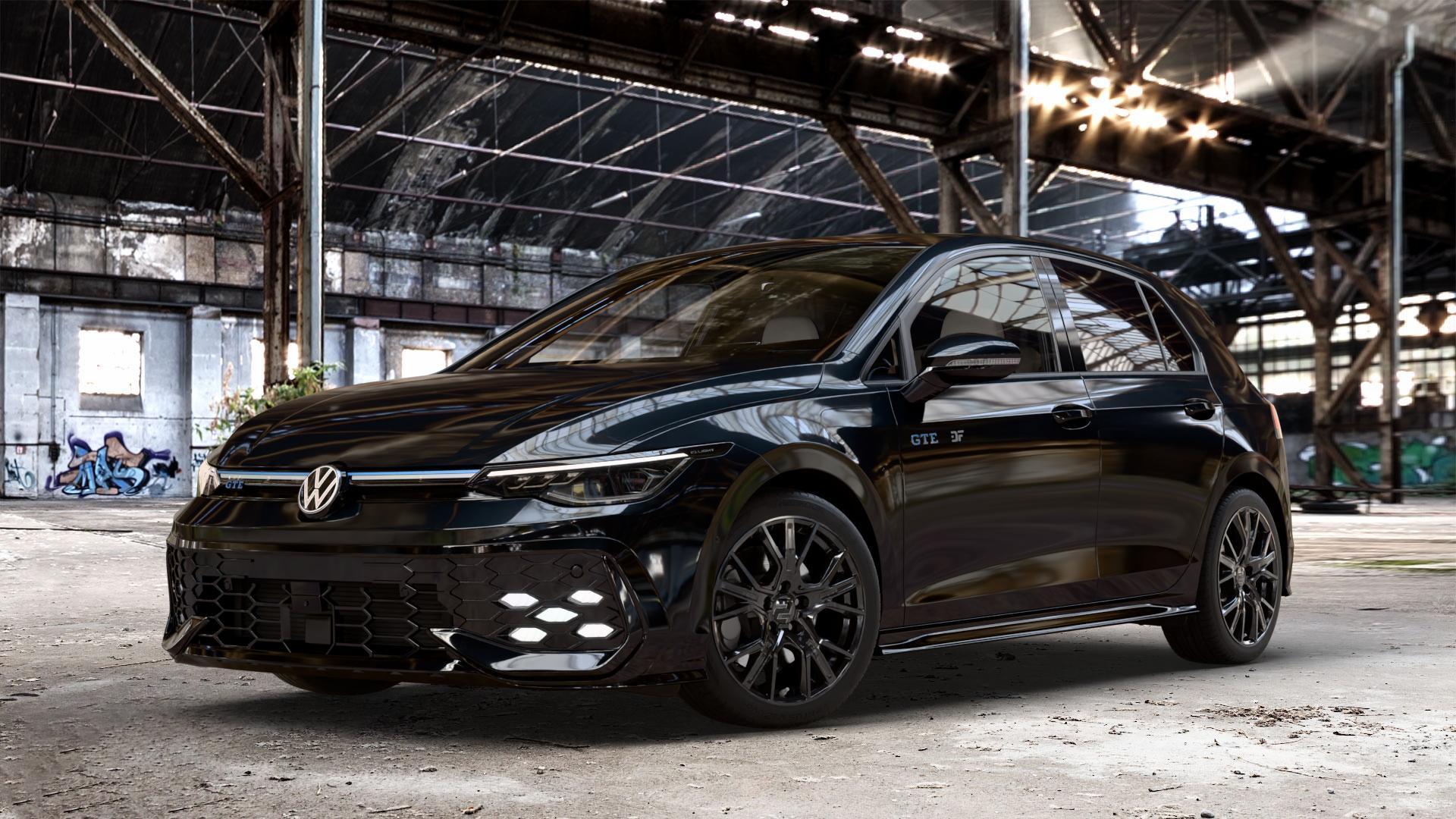 2DRV WH34 Schwarz glänzend lackiert Felge mit Reifen in 17Zoll Winterfelge Alufelge auf schwarzem Volkswagen (VW) Golf 8 Facelift 1,5l TSI GTE 130kW Hybrid (177 PS) ⬇️ mit 15mm Tieferlegung ⬇️ Old Industrial Hall_max_4400mm_2024 Frontansicht_1