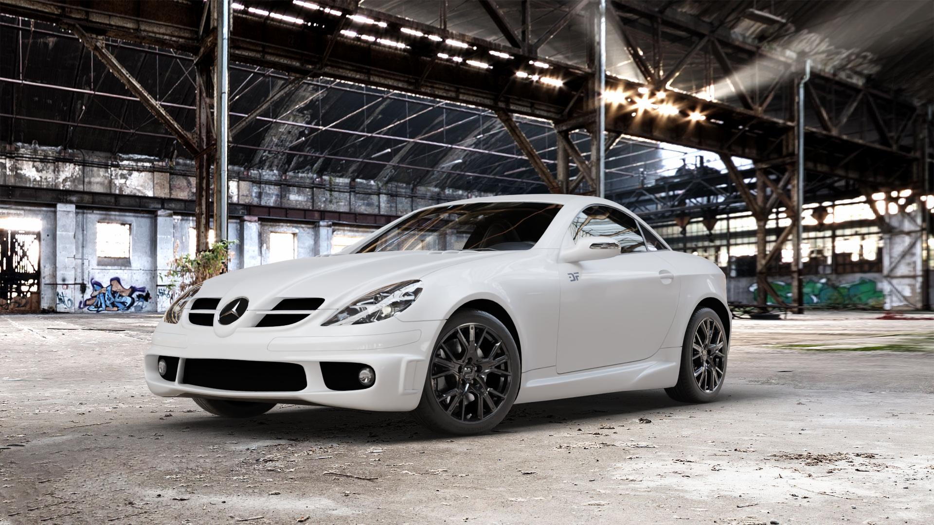 2DRV WH34 Schwarz glänzend lackiert Felge mit Reifen in 17Zoll Winterfelge Alufelge auf weissem Mercedes SLK Typ R171 ⬇️ mit 15mm Tieferlegung ⬇️ Old Industrial Hall_max_5300mm_2024 Frontansicht_1