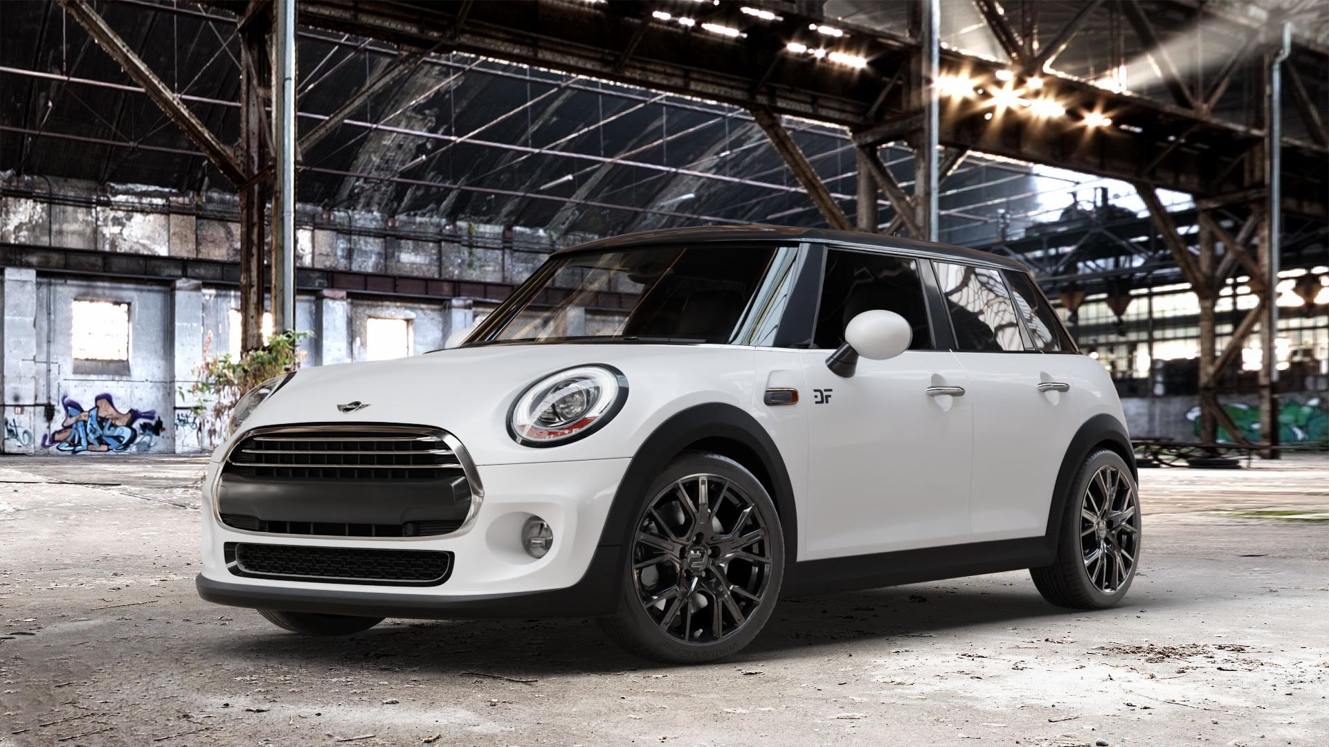 2DRV WH34 Schwarz glänzend lackiert Felge mit Reifen in 17Zoll Winterfelge Alufelge auf weissem Mini F55 Typ UKL-L (5-Türer Limousine) FML4 ⬇️ mit 15mm Tieferlegung ⬇️ Old Industrial Hall_max_4400mm_2024 Frontansicht_1