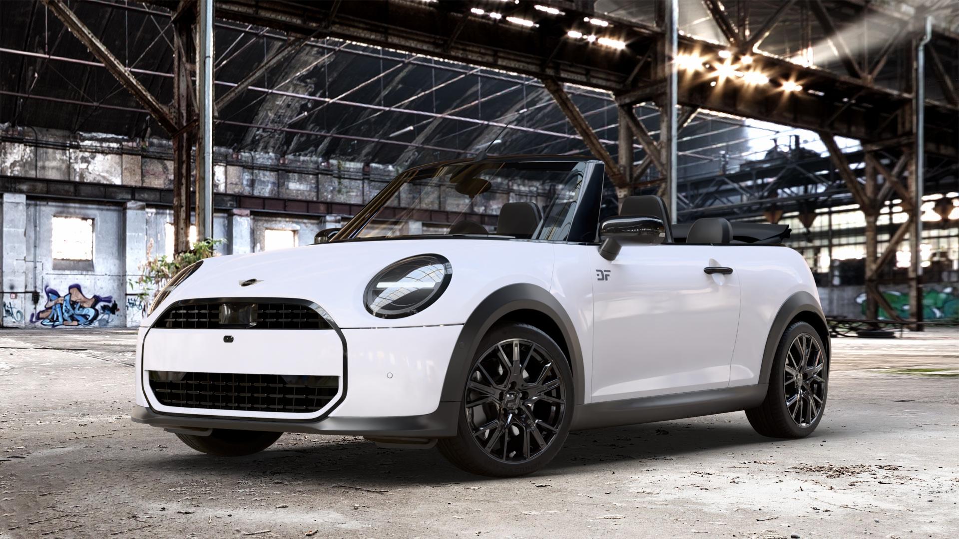2DRV WH34 Schwarz glänzend lackiert Felge mit Reifen in 17Zoll Winterfelge Alufelge auf weissem Mini F67 Typ FM6 (Cabrio) 2,0l Cooper 120kW (163 PS) S 150kW (204 JCW 170kW (231 ⬇️ mit 15mm Tieferlegung ⬇️ Old Industrial Hall_max_4400mm_2024 Frontansicht_1