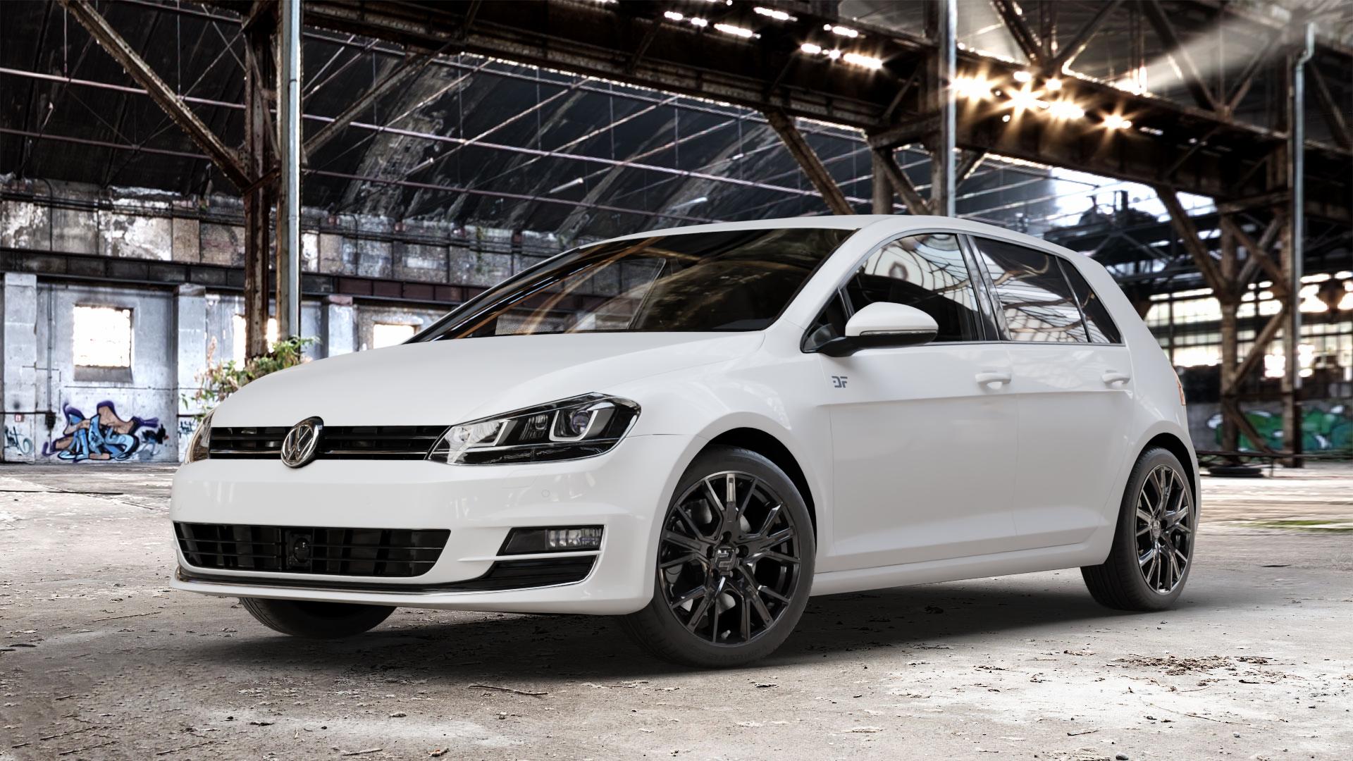 2DRV WH34 Schwarz glänzend lackiert Felge mit Reifen in 17Zoll Winterfelge Alufelge auf weissem Volkswagen (VW) Golf 7 ⬇️ mit 15mm Tieferlegung ⬇️ Old Industrial Hall_max_4400mm_2024 Frontansicht_1