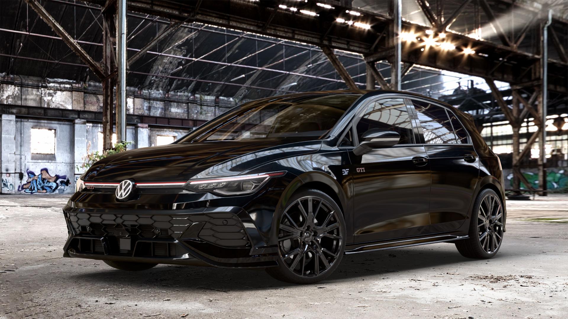 2DRV WH34 Schwarz glänzend lackiert Felge mit Reifen in 19Zoll Winterfelge Alufelge auf schwarzem Volkswagen (VW) Golf 8 Facelift 2,0l GTI Clubsport 221kW (300 PS) ⬇️ mit 15mm Tieferlegung ⬇️ Old Industrial Hall_max_4400mm_2024 Frontansicht_1