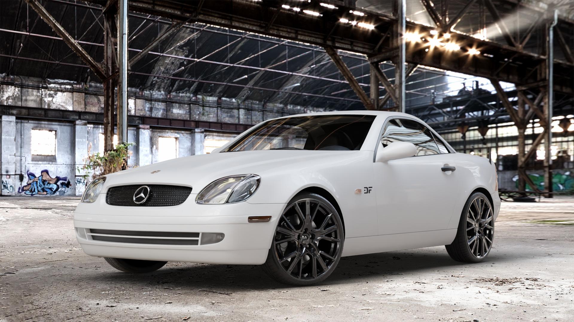 2DRV WH34 Schwarz glänzend lackiert Felge mit Reifen in 19Zoll Winterfelge Alufelge auf weissem Mercedes SLK Typ R170 ⬇️ mit 15mm Tieferlegung ⬇️ Old Industrial Hall_max_4400mm_2024 Frontansicht_1