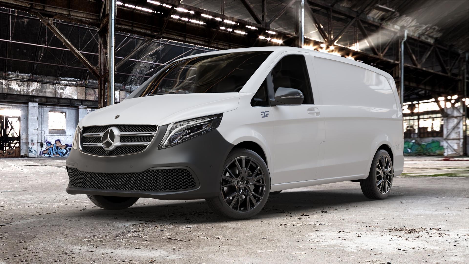 2DRV WH34 Schwarz glänzend lackiert Felge mit Reifen in 19Zoll Winterfelge Alufelge auf weissem Mercedes Vito Kasten Typ W447 Facelift ⬇️ mit 15mm Tieferlegung ⬇️ Old Industrial Hall_max_5300mm_2024 Frontansicht_1