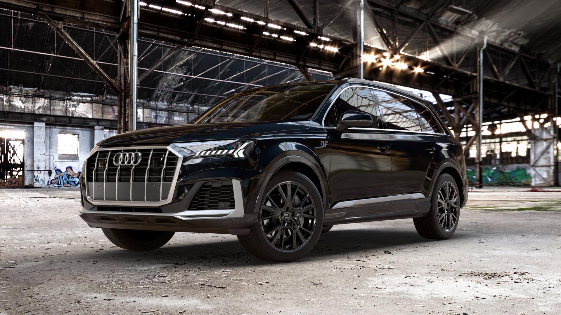 2DRV WH34 Schwarz glänzend lackiert Felge mit Reifen in 20Zoll Winterfelge Alufelge auf metallic schwarzem Audi Q7 II Typ 4M (4L) Facelift 19-> ⬇️ mit 15mm Tieferlegung ⬇️ Old Industrial Hall_max_5300mm_2024 Frontansicht_1